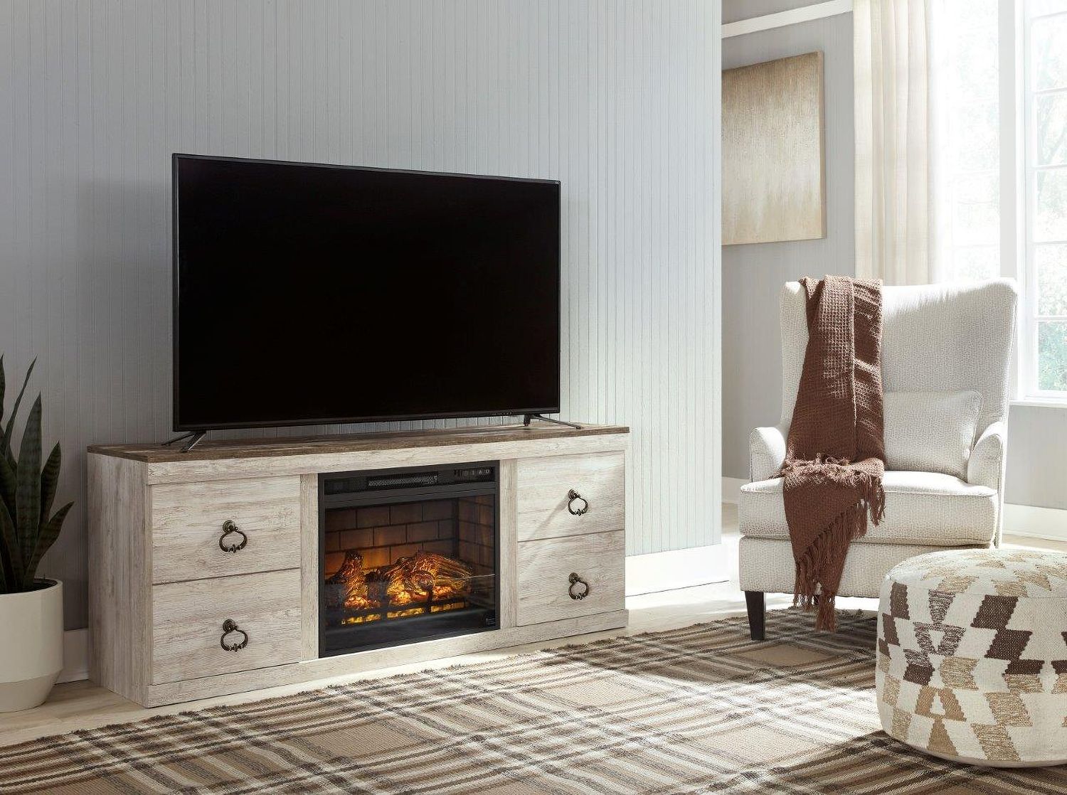 Willowton Whitewash 4 Piece Entertainment Wall with Electric Fireplace EW0267W9