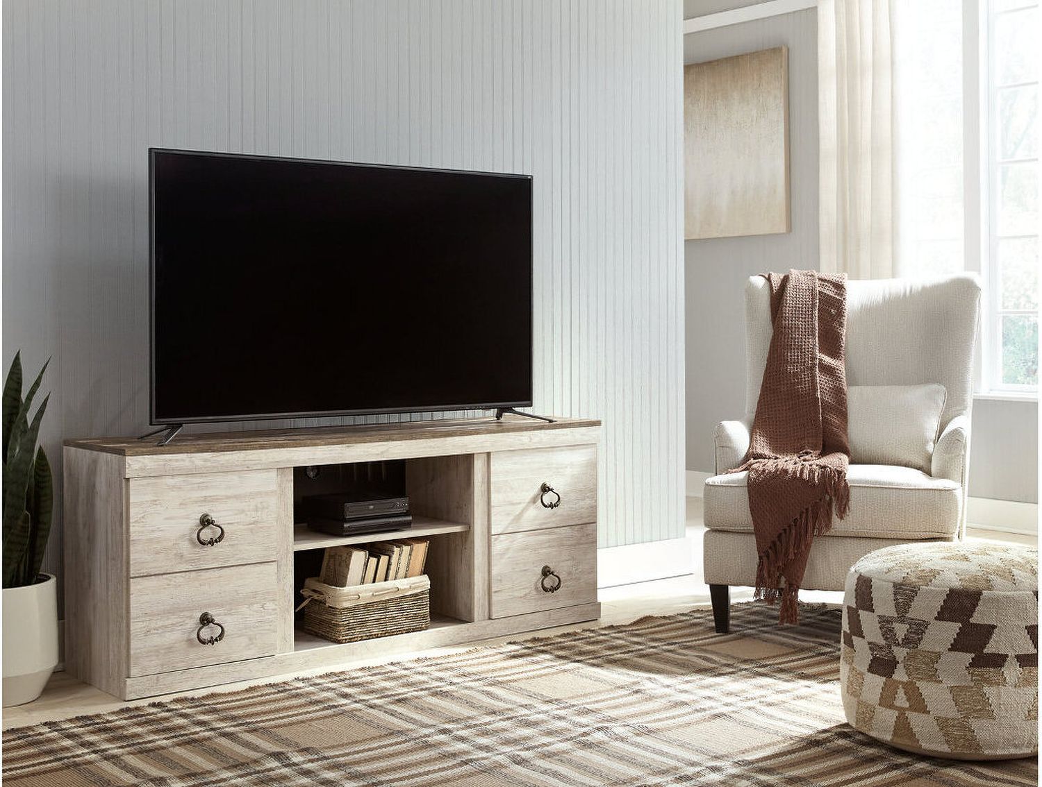 Willowton Whitewash 4 Piece Entertainment Wall with Electric Fireplace EW0267W9