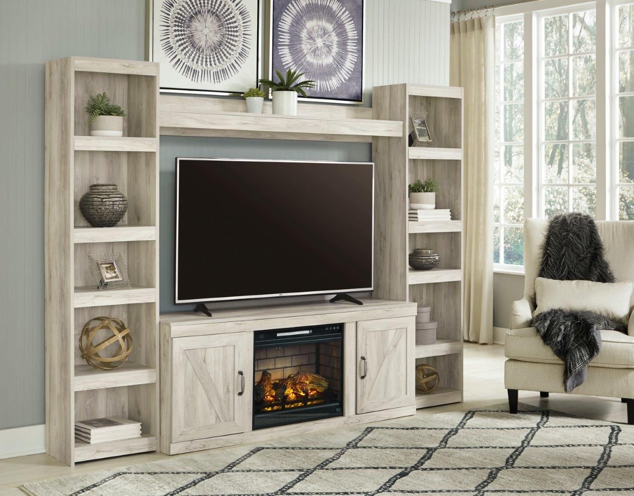 Bellaby Whitewash 60 Inch TV Stand with Electric Fireplace EW0331W7