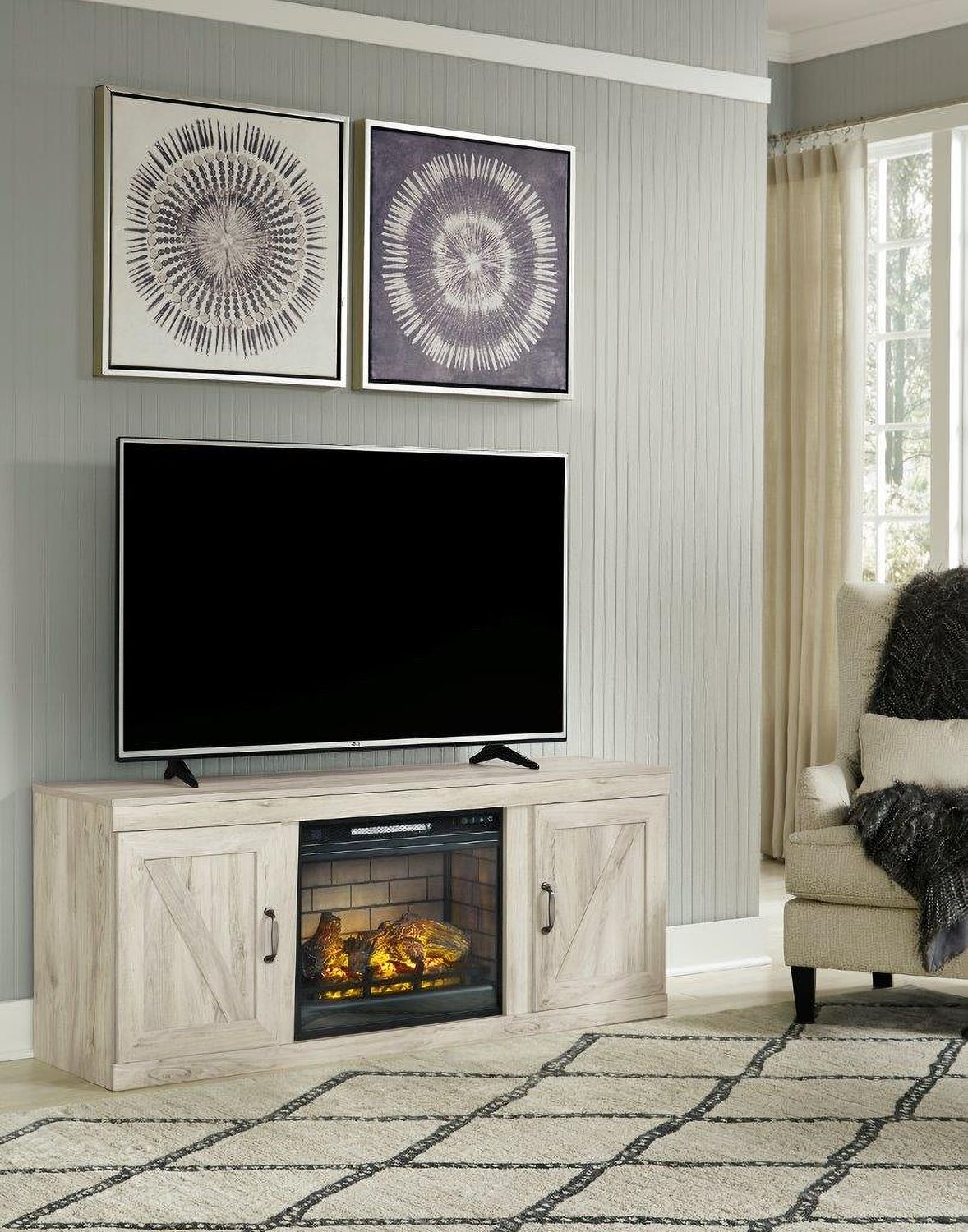Bellaby Whitewash 60 Inch TV Stand with Electric Fireplace EW0331W7
