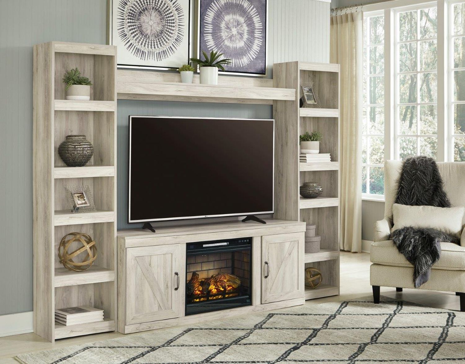 Bellaby Whitewash Entertainment Wall with Infrared Fireplace Insert EW0331W8