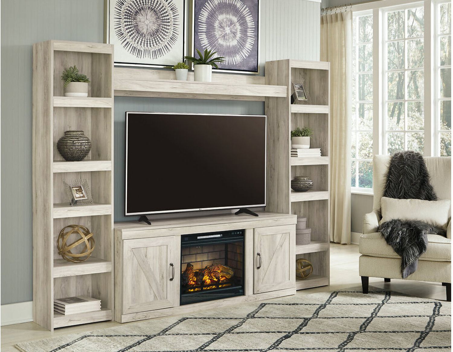 Bellaby Whitewash Entertainment Wall with Infrared Fireplace Insert EW0331W8