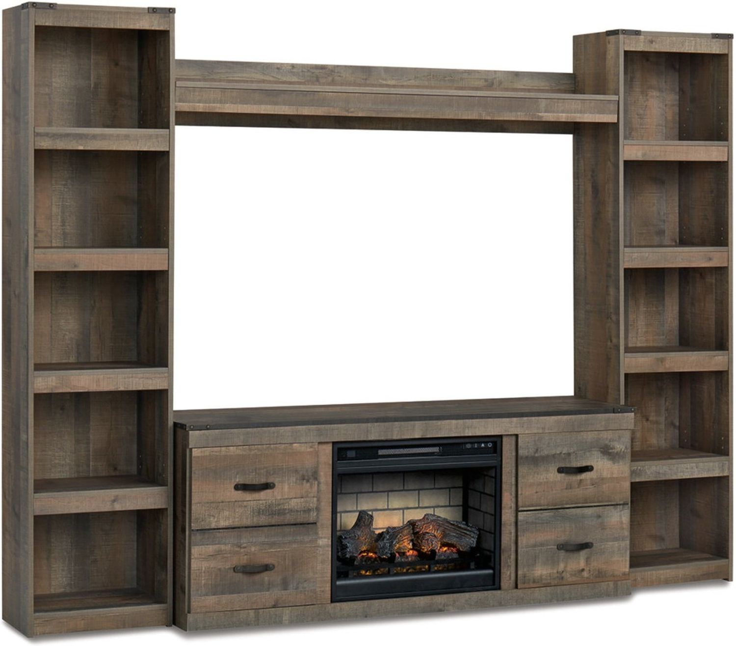 Trinell Rustic Brown 4 Piece Entertainment Wall with Electric Fireplace EW0446W9