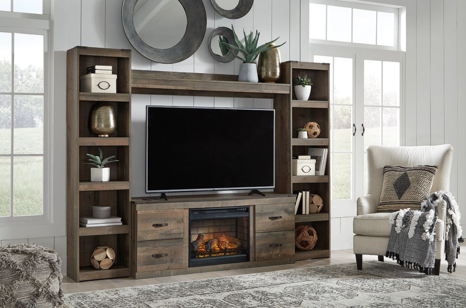 Trinell Rustic Brown 4 Piece Entertainment Wall with Electric Fireplace EW0446W9