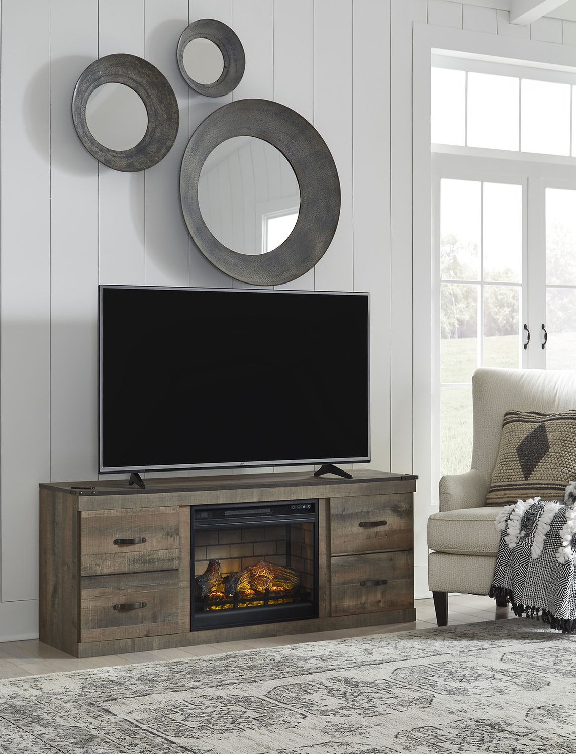 Trinell Rustic Brown 4 Piece Entertainment Wall with Electric Fireplace EW0446W9