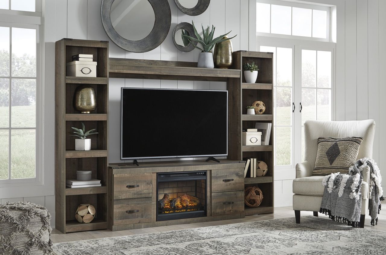 Trinell Rustic Brown 4 Piece Entertainment Wall with Electric Fireplace EW0446W9