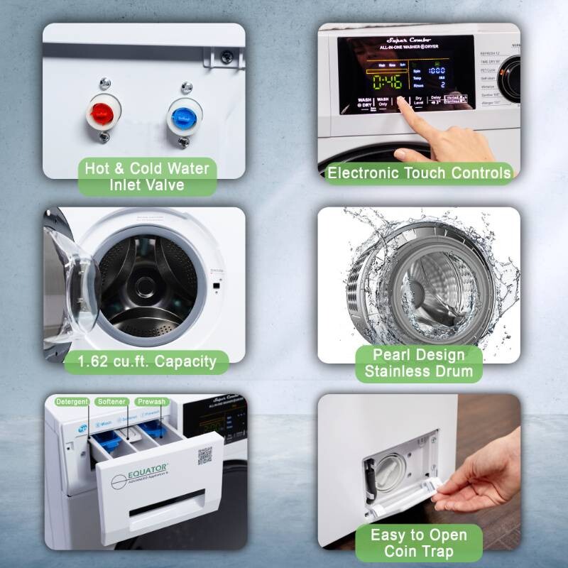 All-in-one 4700 Washer Dryer Ventless FULLY BUILTIN 0-CLEARANCE 1.62cf/15lbs 110V 1400RPM EZ4700CWHITE