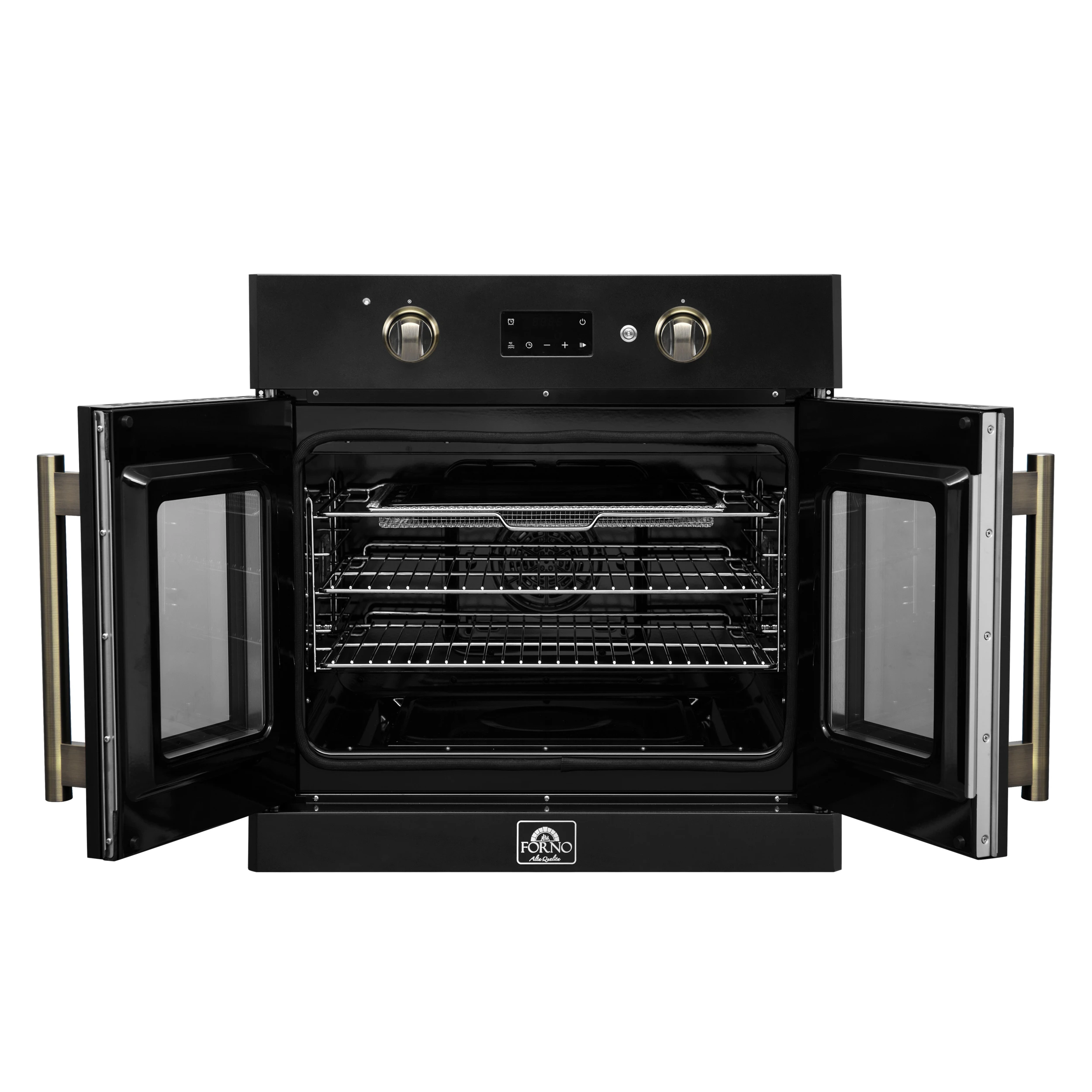 Asti 30-Inch French Door Electric Wall Oven in Black & Antique Brass, 3.68 cu. ft. True Convection, 3,600W, Air Fry, Sous Vide, Self-Clean FBOEL133330BLK