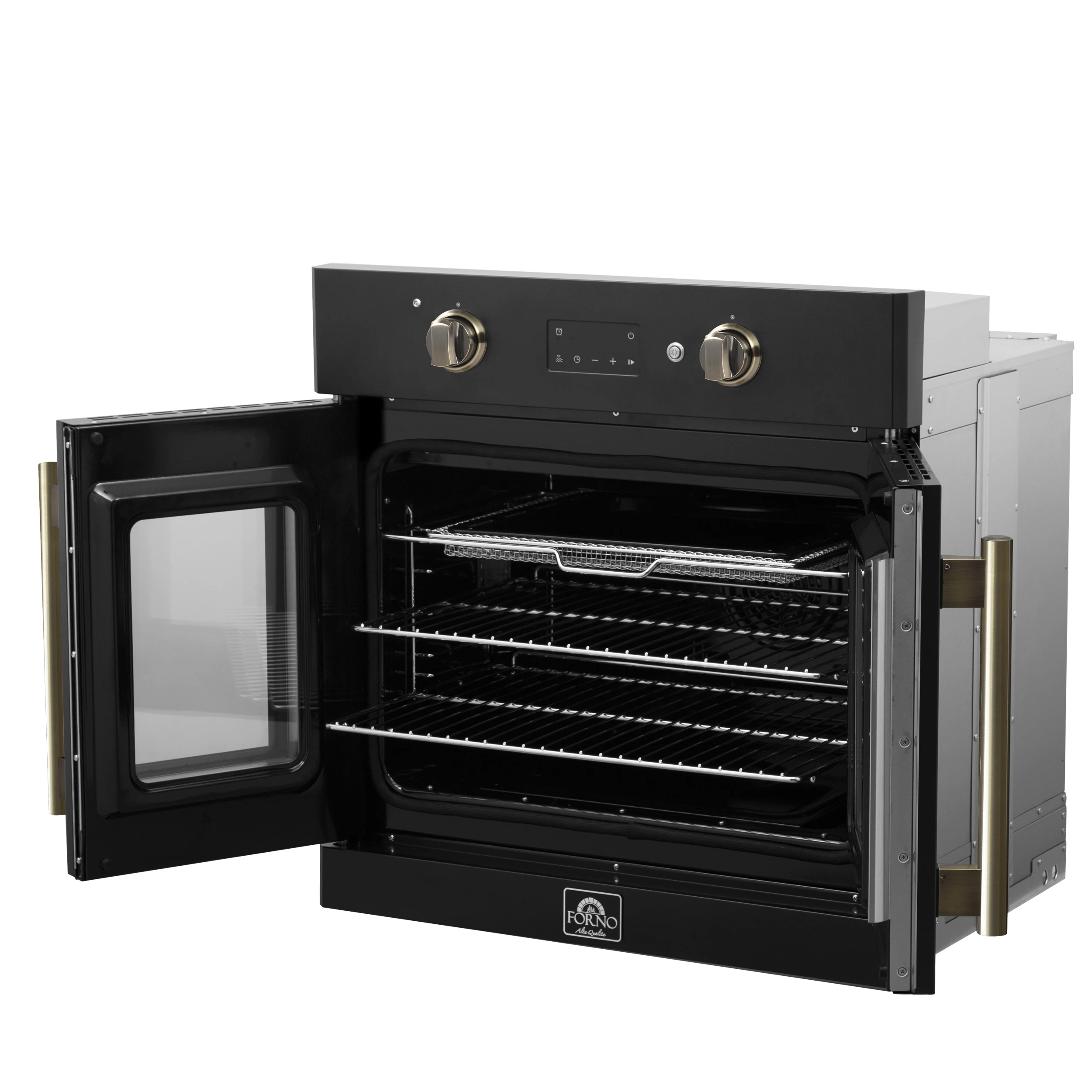 Asti 30-Inch French Door Electric Wall Oven in Black & Antique Brass, 3.68 cu. ft. True Convection, 3,600W, Air Fry, Sous Vide, Self-Clean FBOEL133330BLK