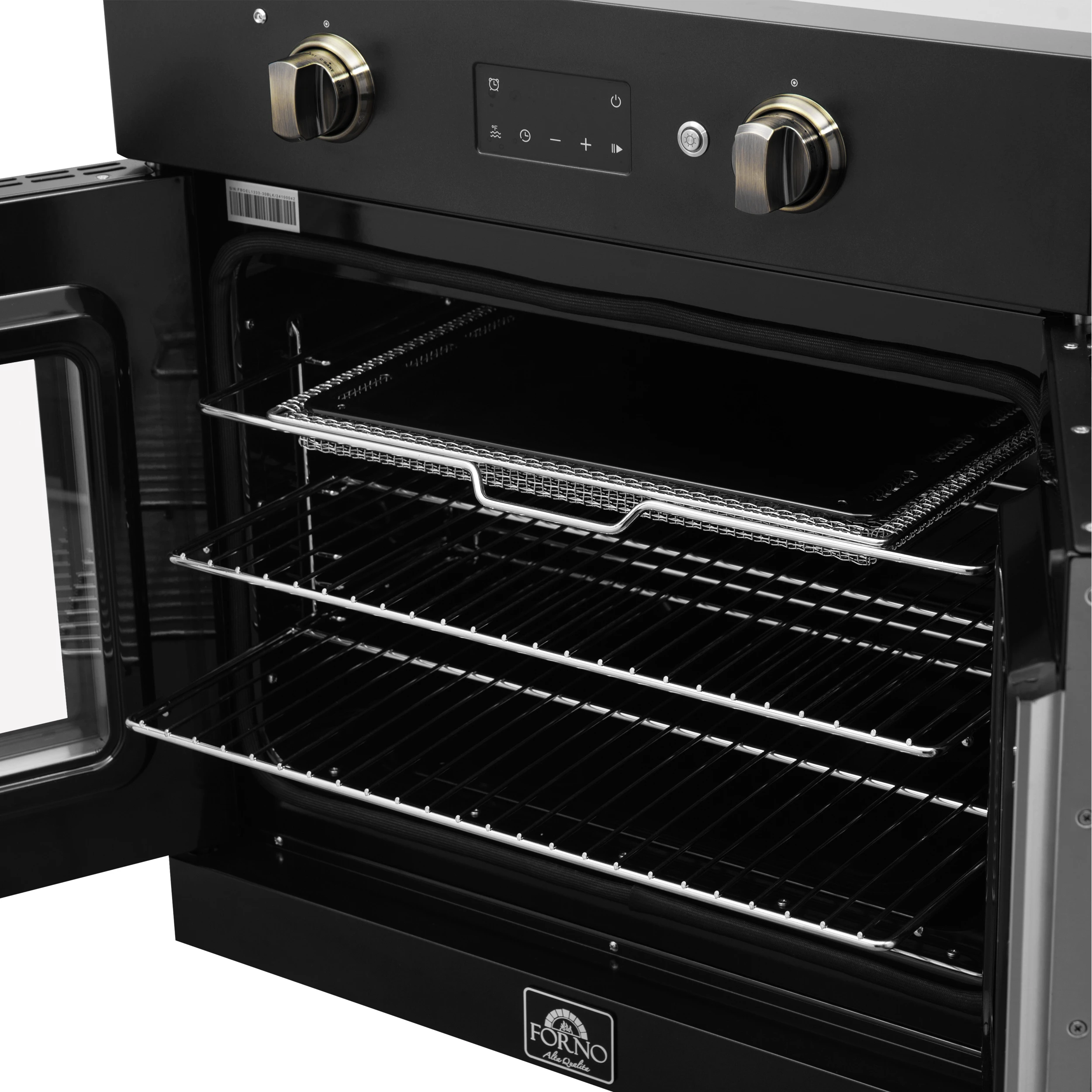 Asti 30-Inch French Door Electric Wall Oven in Black & Antique Brass, 3.68 cu. ft. True Convection, 3,600W, Air Fry, Sous Vide, Self-Clean FBOEL133330BLK