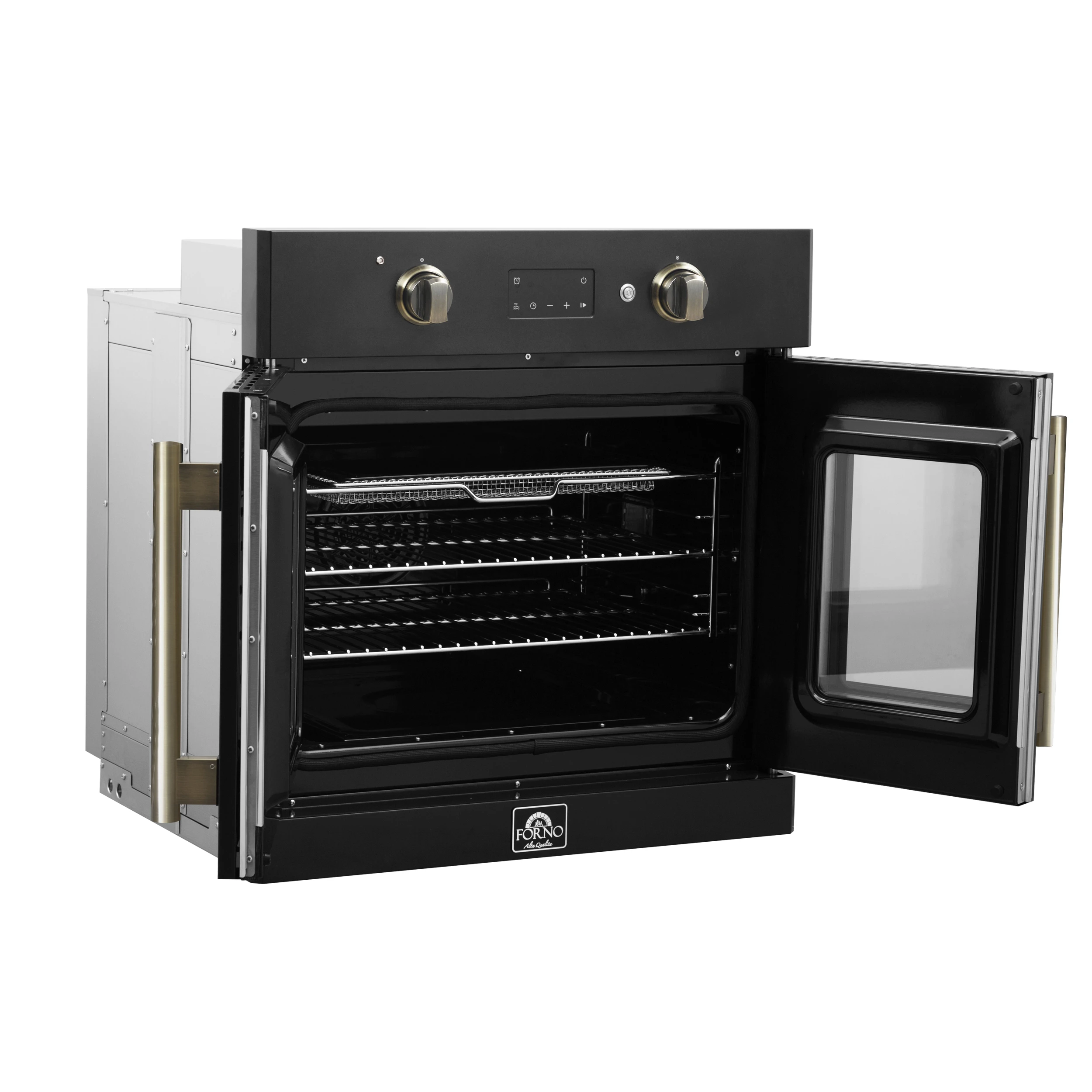 Asti 30-Inch French Door Electric Wall Oven in Black & Antique Brass, 3.68 cu. ft. True Convection, 3,600W, Air Fry, Sous Vide, Self-Clean FBOEL133330BLK