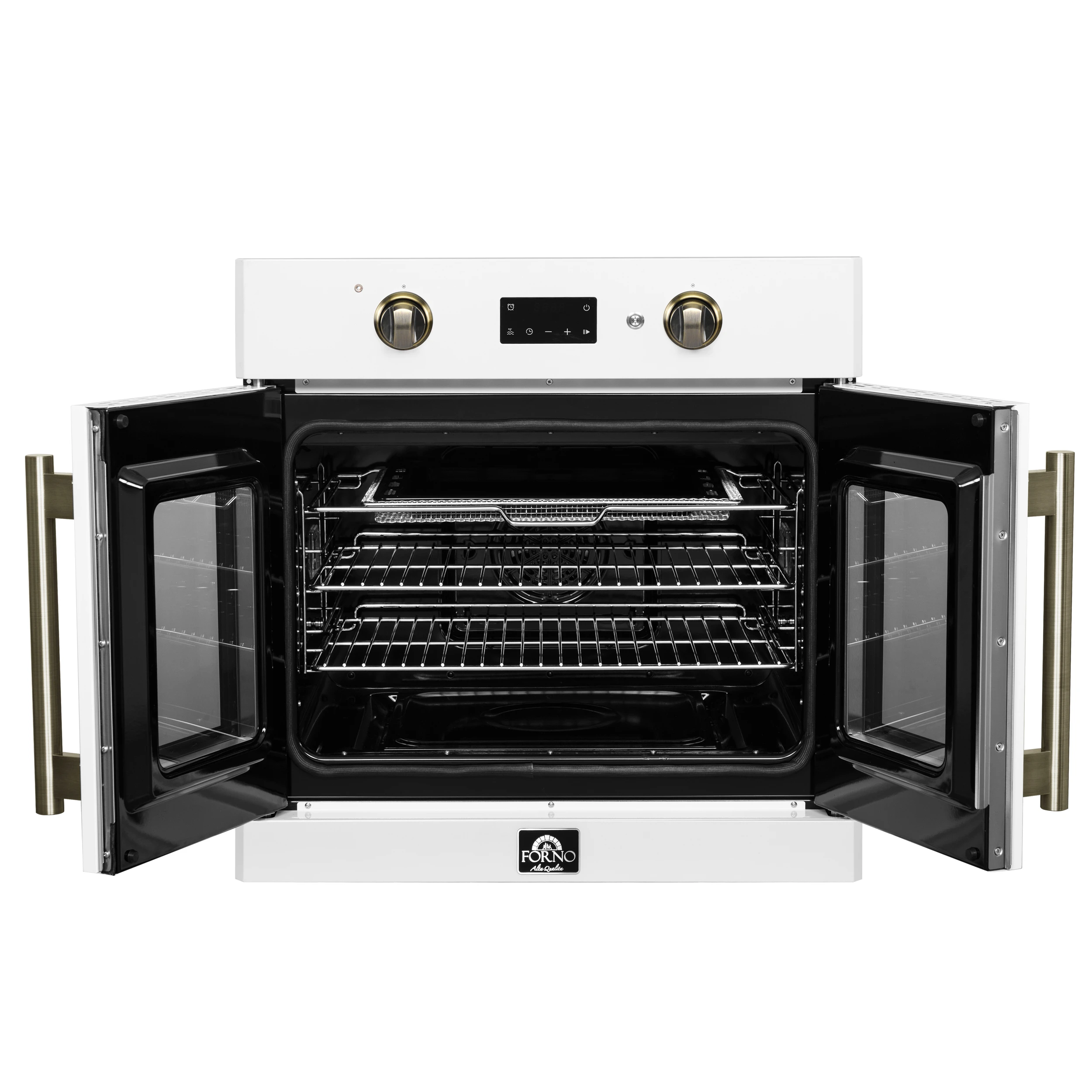 Asti 30-Inch French Door Electric Wall Oven in White & Antique Brass, 3.68 cu. ft. True Convection, 3,600W, Air Fry, Sous Vide, Self-Clean FBOEL133330WHT