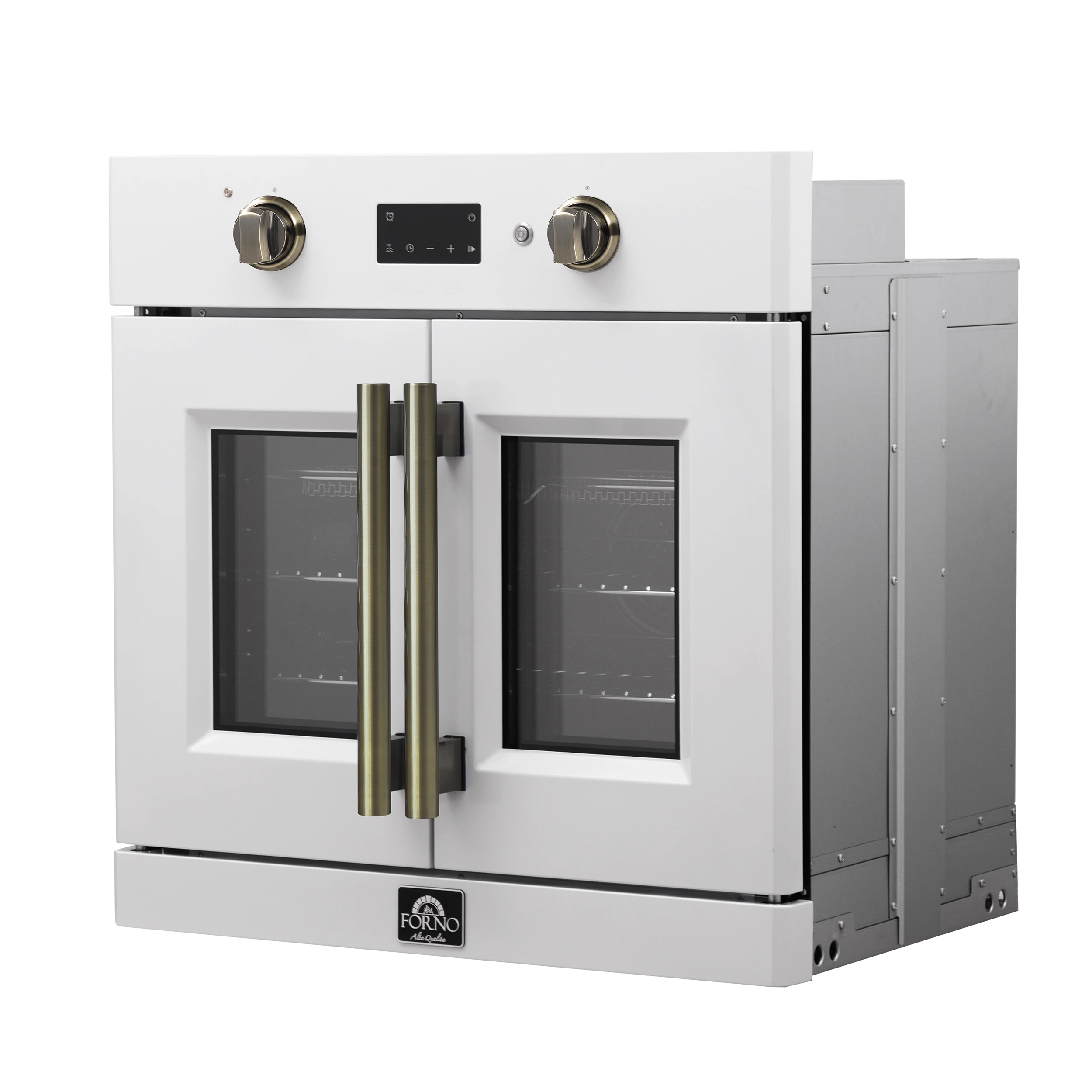 Asti 30-Inch French Door Electric Wall Oven in White & Antique Brass, 3.68 cu. ft. True Convection, 3,600W, Air Fry, Sous Vide, Self-Clean FBOEL133330WHT