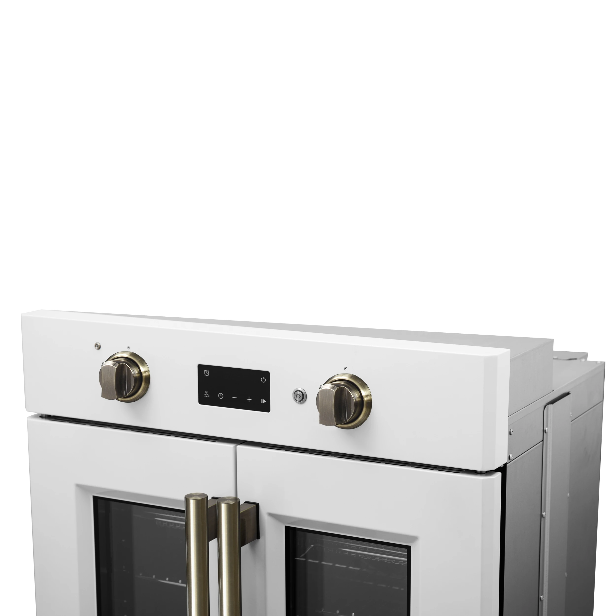 Asti 30-Inch French Door Electric Wall Oven in White & Antique Brass, 3.68 cu. ft. True Convection, 3,600W, Air Fry, Sous Vide, Self-Clean FBOEL133330WHT