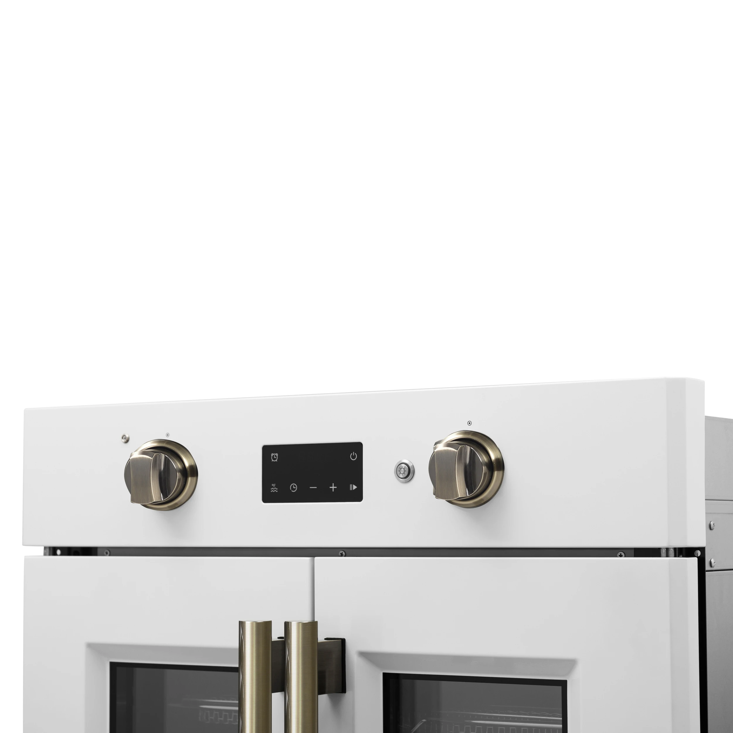 Asti 30-Inch French Door Electric Wall Oven in White & Antique Brass, 3.68 cu. ft. True Convection, 3,600W, Air Fry, Sous Vide, Self-Clean FBOEL133330WHT