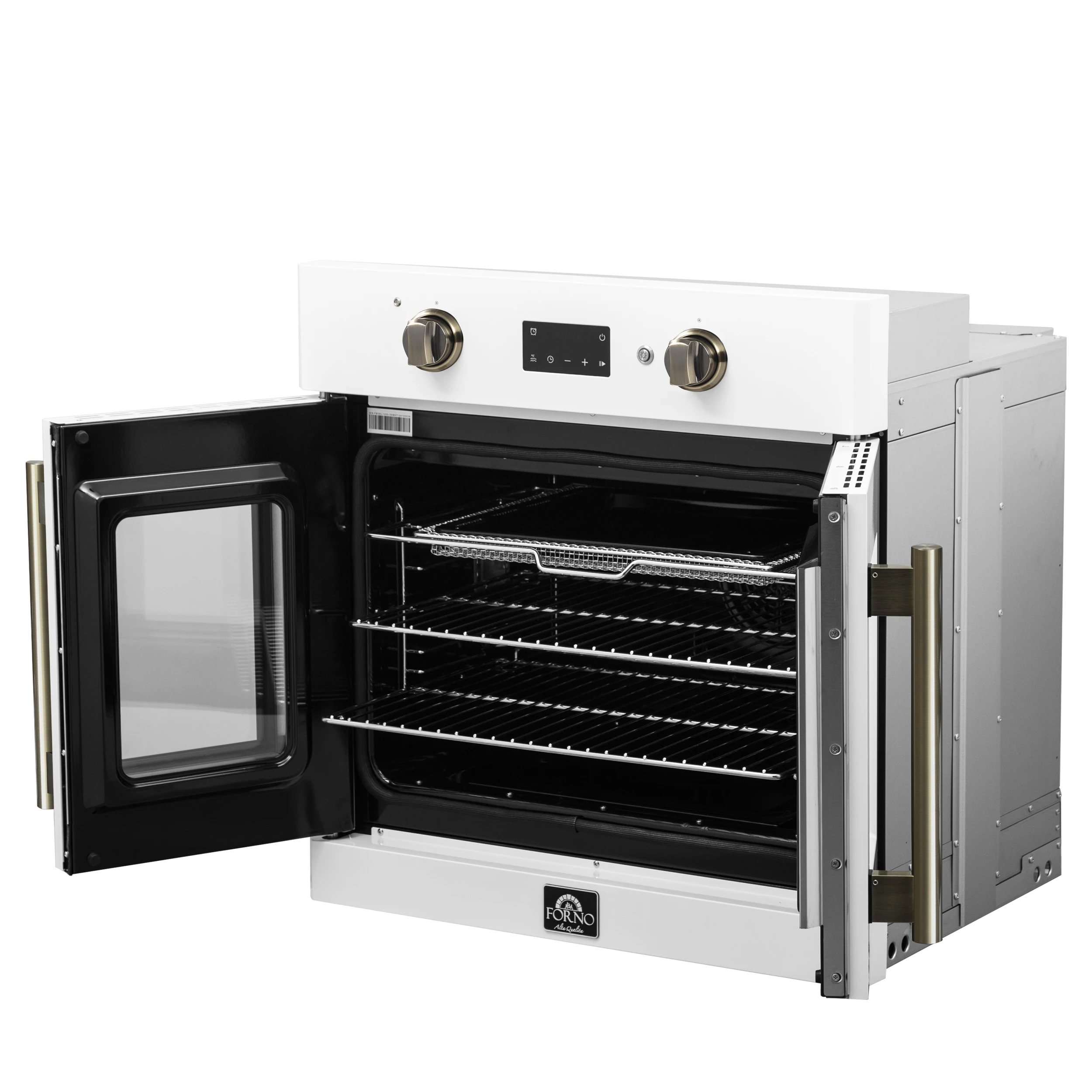 Asti 30-Inch French Door Electric Wall Oven in White & Antique Brass, 3.68 cu. ft. True Convection, 3,600W, Air Fry, Sous Vide, Self-Clean FBOEL133330WHT