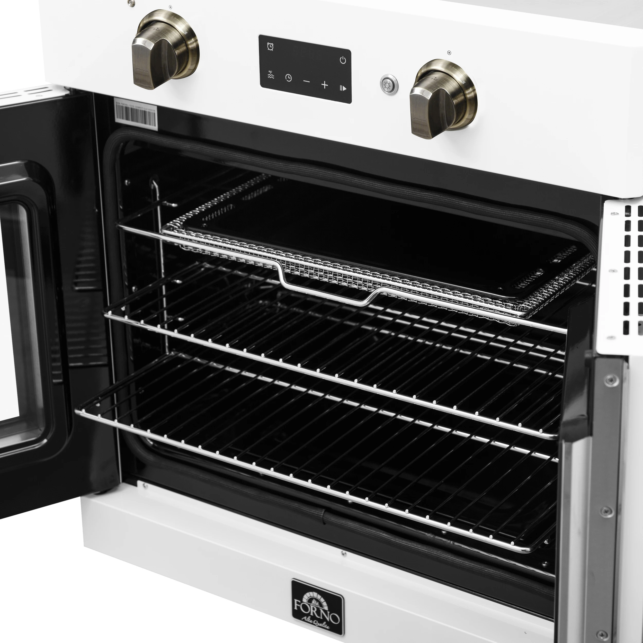 Asti 30-Inch French Door Electric Wall Oven in White & Antique Brass, 3.68 cu. ft. True Convection, 3,600W, Air Fry, Sous Vide, Self-Clean FBOEL133330WHT