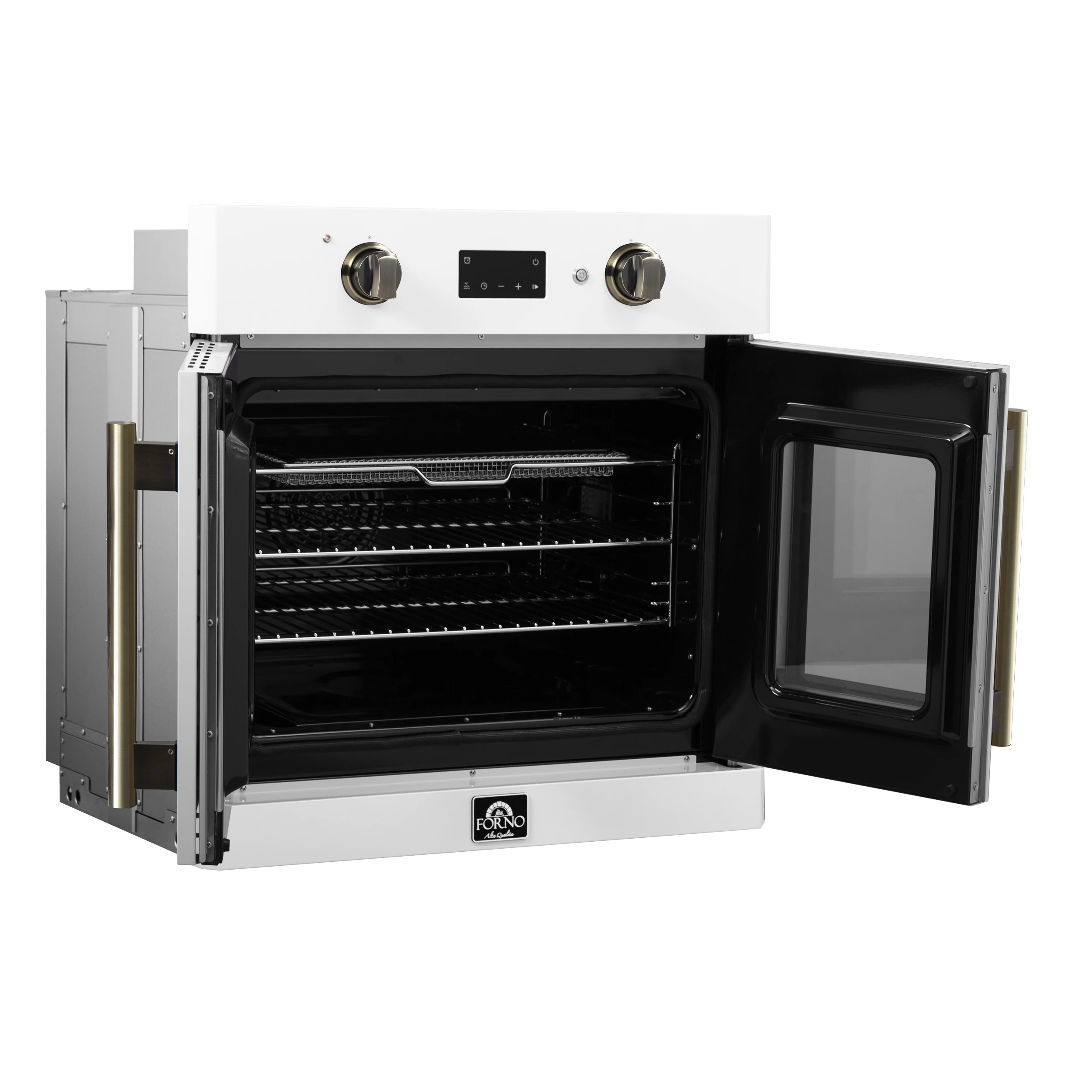 Asti 30-Inch French Door Electric Wall Oven in White & Antique Brass, 3.68 cu. ft. True Convection, 3,600W, Air Fry, Sous Vide, Self-Clean FBOEL133330WHT