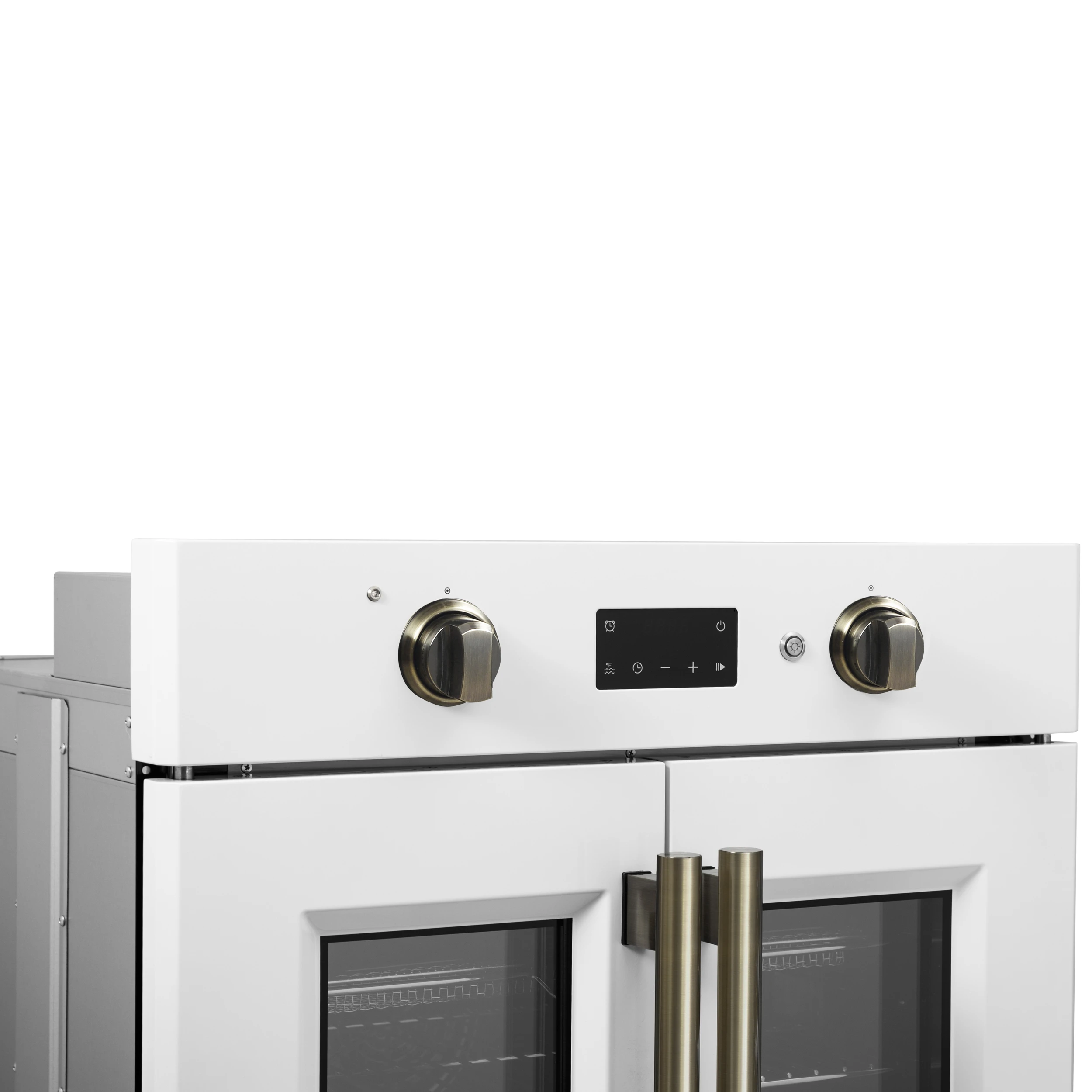 Asti 30-Inch French Door Electric Wall Oven in White & Antique Brass, 3.68 cu. ft. True Convection, 3,600W, Air Fry, Sous Vide, Self-Clean FBOEL133330WHT