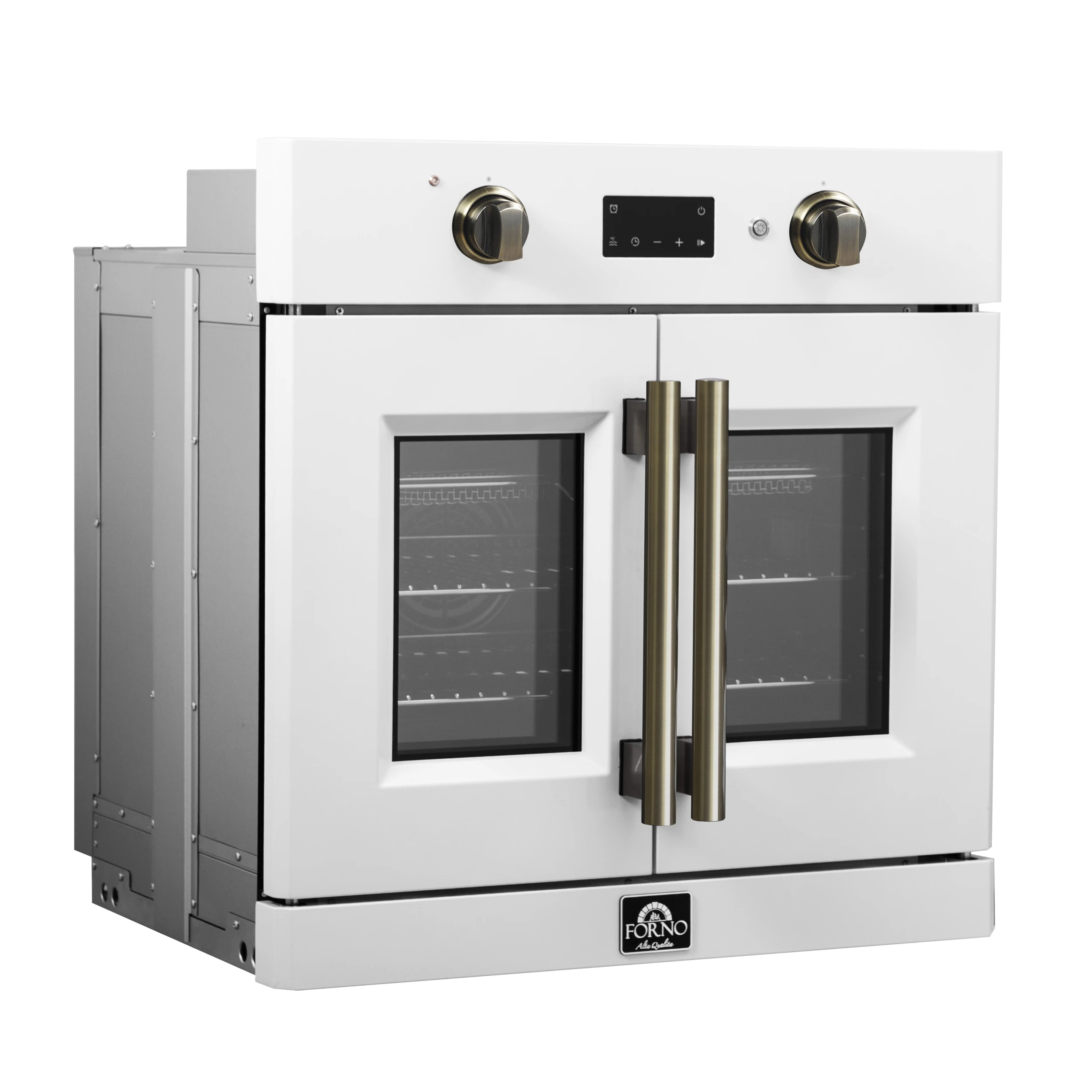 Asti 30-Inch French Door Electric Wall Oven in White & Antique Brass, 3.68 cu. ft. True Convection, 3,600W, Air Fry, Sous Vide, Self-Clean FBOEL133330WHT
