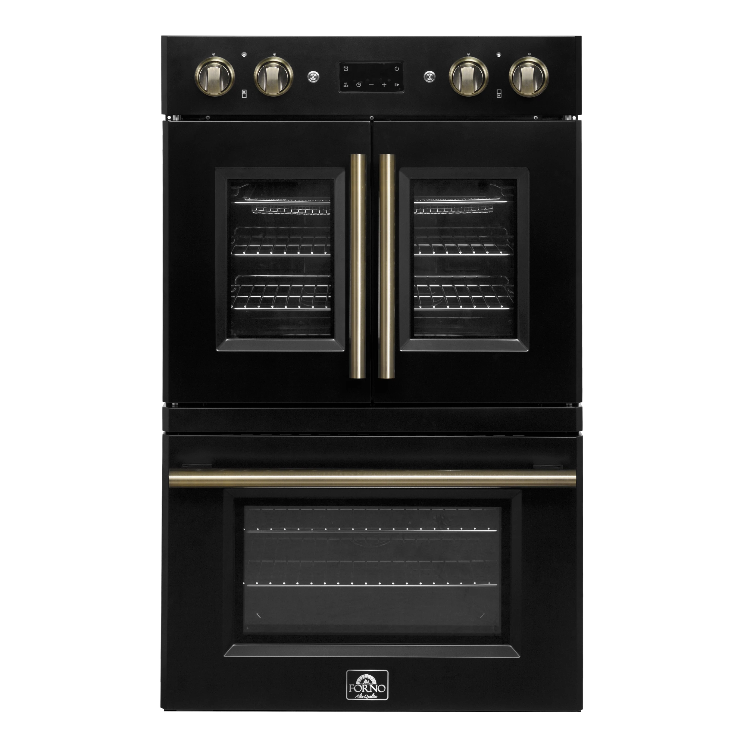 Asti 30-Inch Double Electric Wall Oven with Upper French Doors in & Antique Brass, 7.36 cu. ft. Dual True Convection, 7,200W, Air Fry, Sous Vide, Self-Clean FBOEL134030BLK