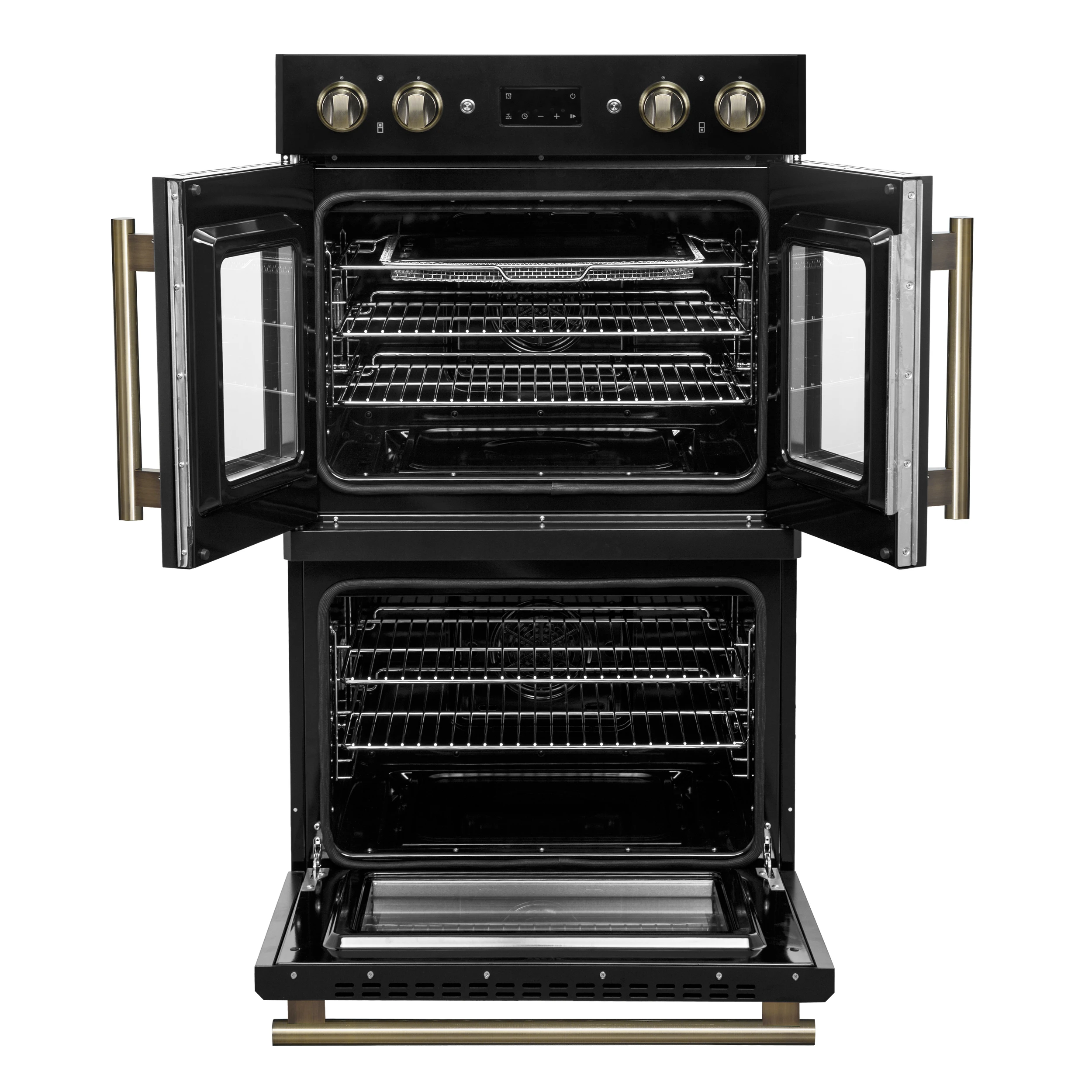 Asti 30-Inch Double Electric Wall Oven with Upper French Doors in & Antique Brass, 7.36 cu. ft. Dual True Convection, 7,200W, Air Fry, Sous Vide, Self-Clean FBOEL134030BLK