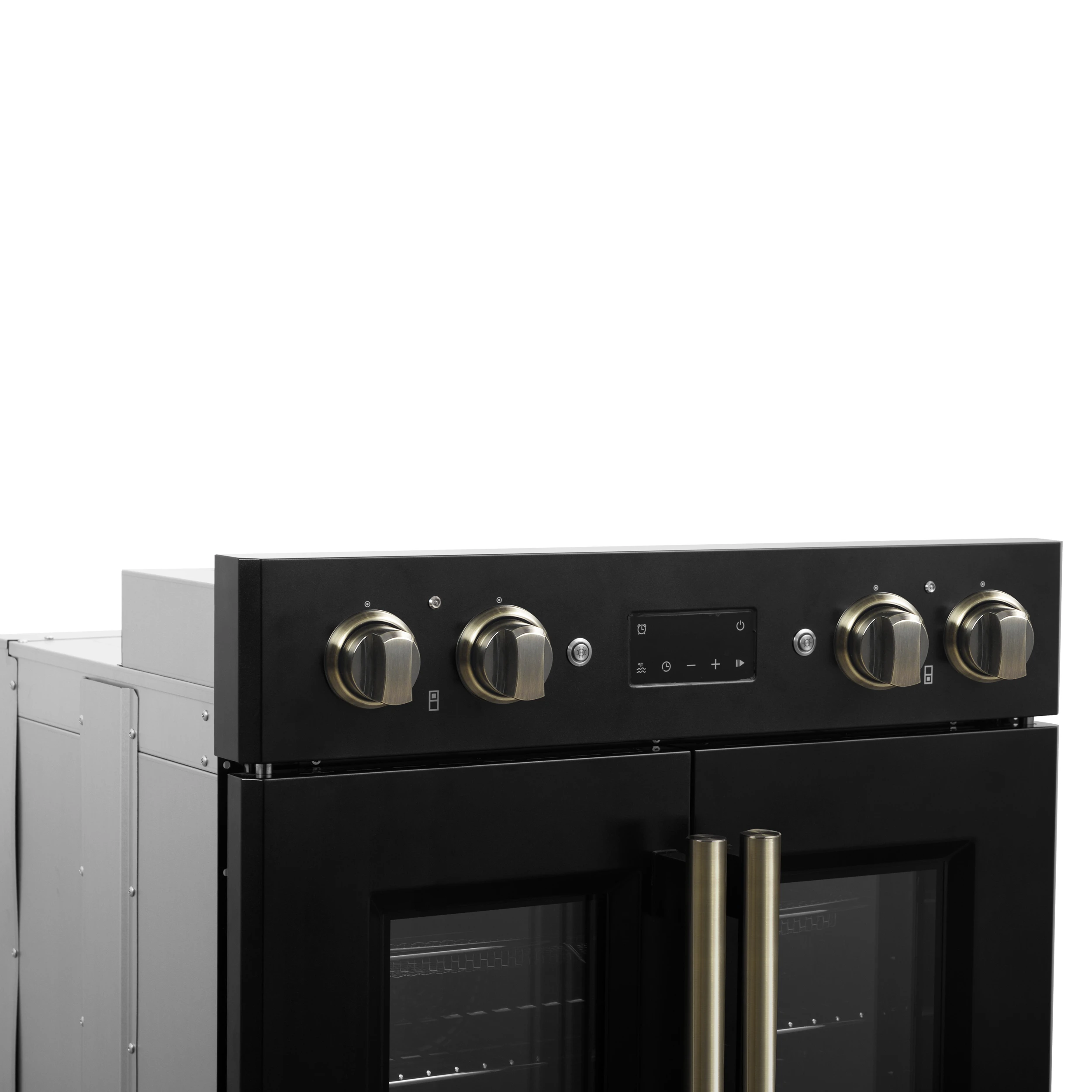 Asti 30-Inch Double Electric Wall Oven with Upper French Doors in & Antique Brass, 7.36 cu. ft. Dual True Convection, 7,200W, Air Fry, Sous Vide, Self-Clean FBOEL134030BLK