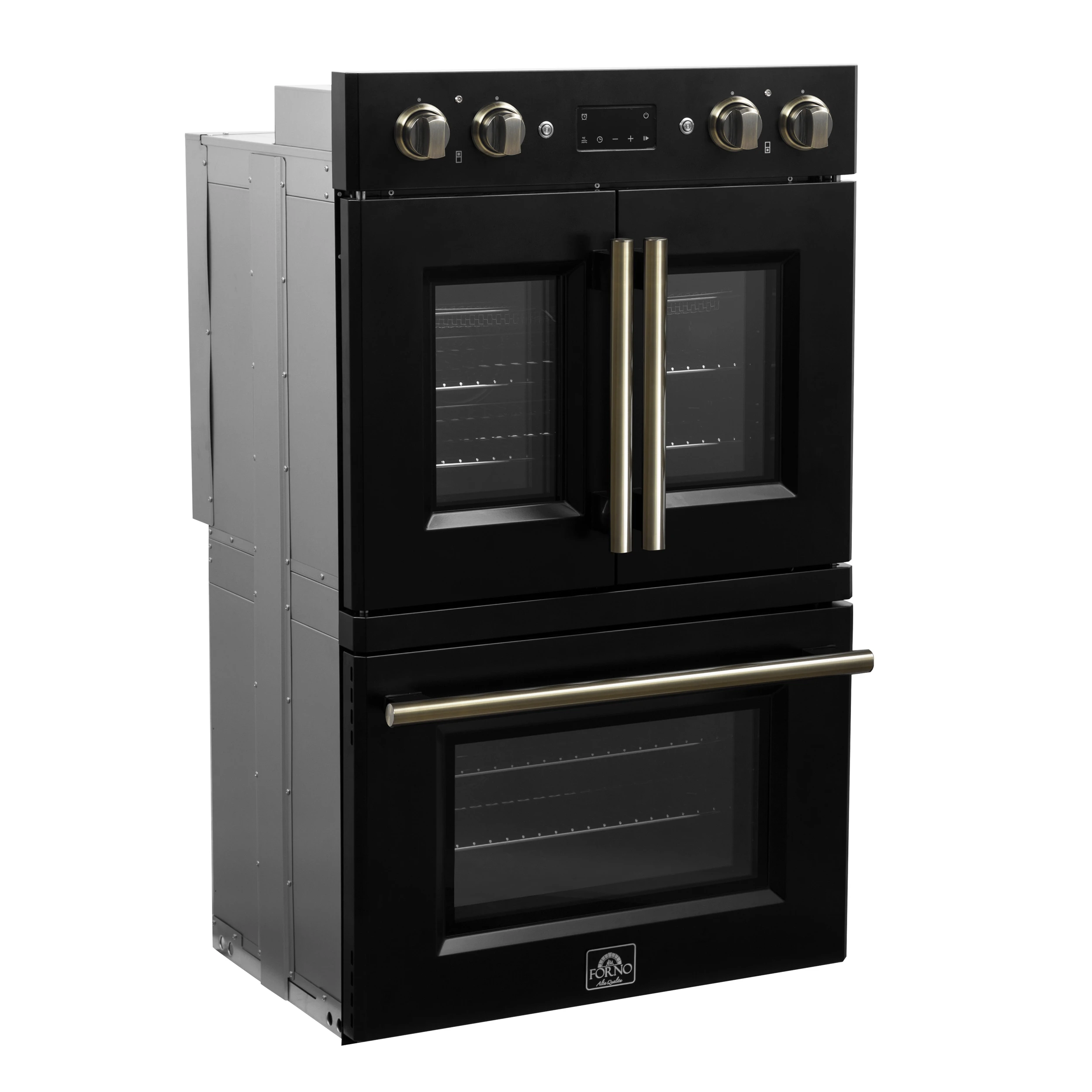 Asti 30-Inch Double Electric Wall Oven with Upper French Doors in & Antique Brass, 7.36 cu. ft. Dual True Convection, 7,200W, Air Fry, Sous Vide, Self-Clean FBOEL134030BLK