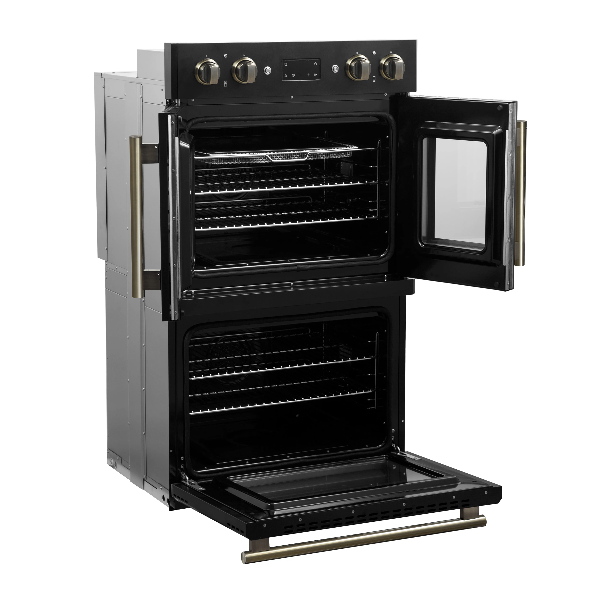 Asti 30-Inch Double Electric Wall Oven with Upper French Doors in & Antique Brass, 7.36 cu. ft. Dual True Convection, 7,200W, Air Fry, Sous Vide, Self-Clean FBOEL134030BLK
