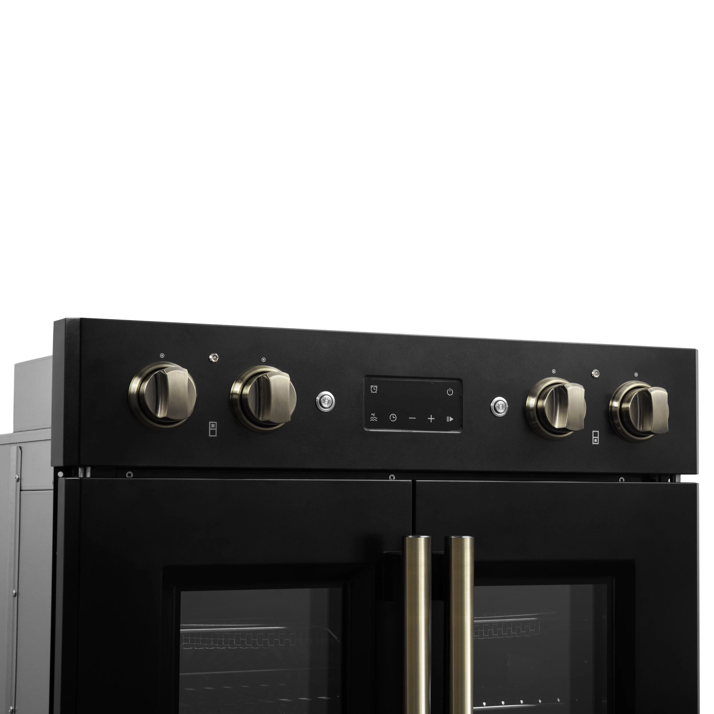 Asti 30-Inch Double Electric Wall Oven with Upper French Doors in & Antique Brass, 7.36 cu. ft. Dual True Convection, 7,200W, Air Fry, Sous Vide, Self-Clean FBOEL134030BLK