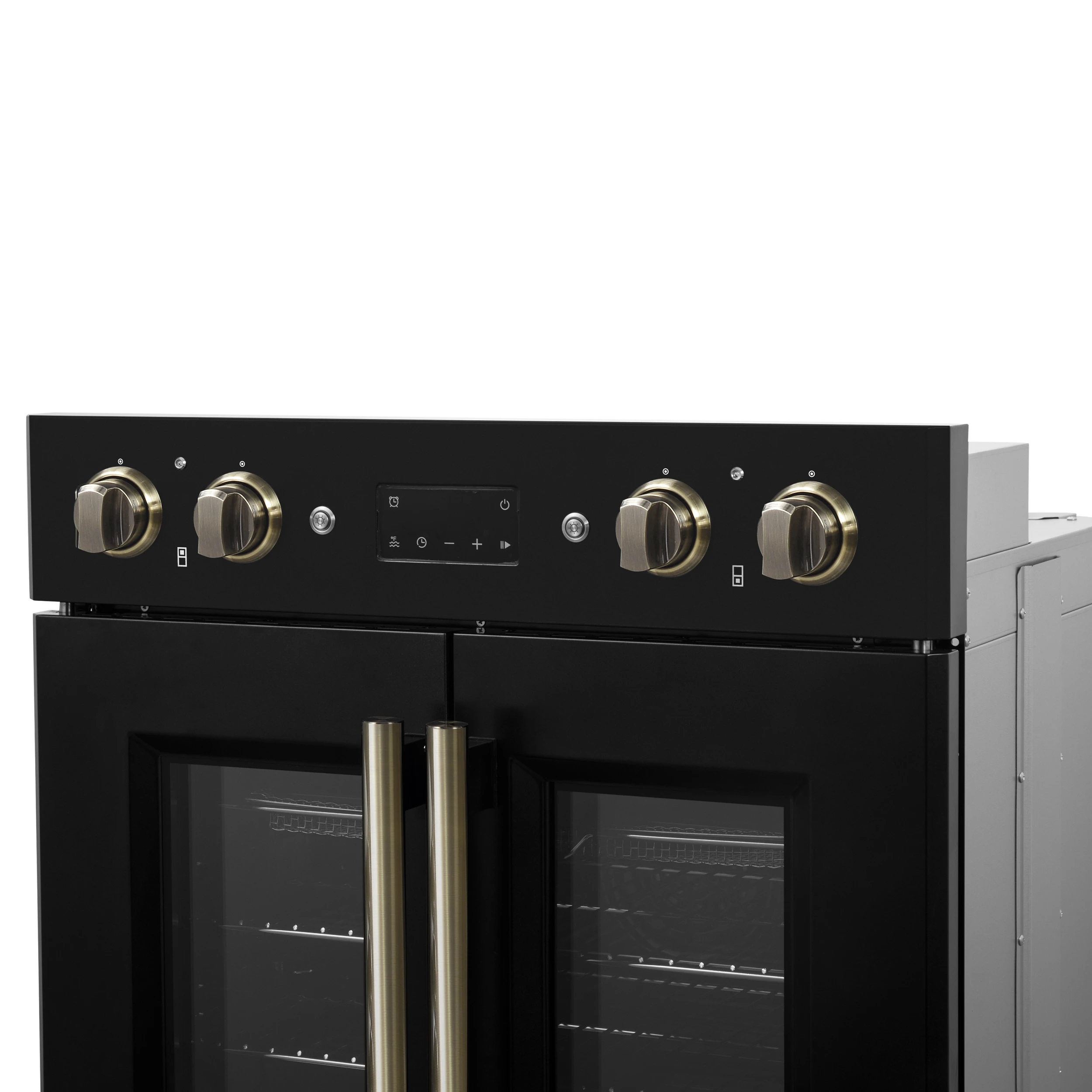 Asti 30-Inch Double Electric Wall Oven with Upper French Doors in & Antique Brass, 7.36 cu. ft. Dual True Convection, 7,200W, Air Fry, Sous Vide, Self-Clean FBOEL134030BLK