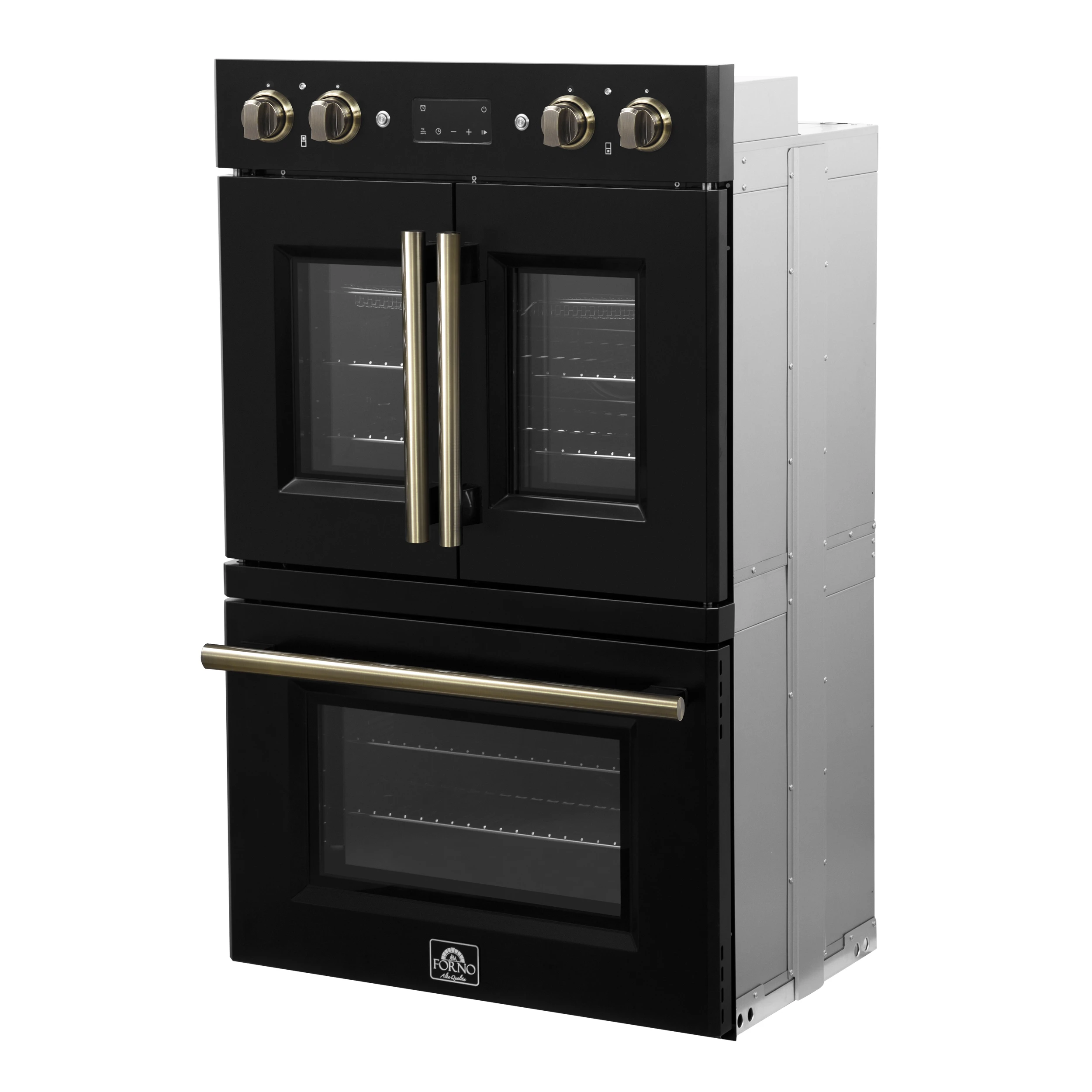 Asti 30-Inch Double Electric Wall Oven with Upper French Doors in & Antique Brass, 7.36 cu. ft. Dual True Convection, 7,200W, Air Fry, Sous Vide, Self-Clean FBOEL134030BLK