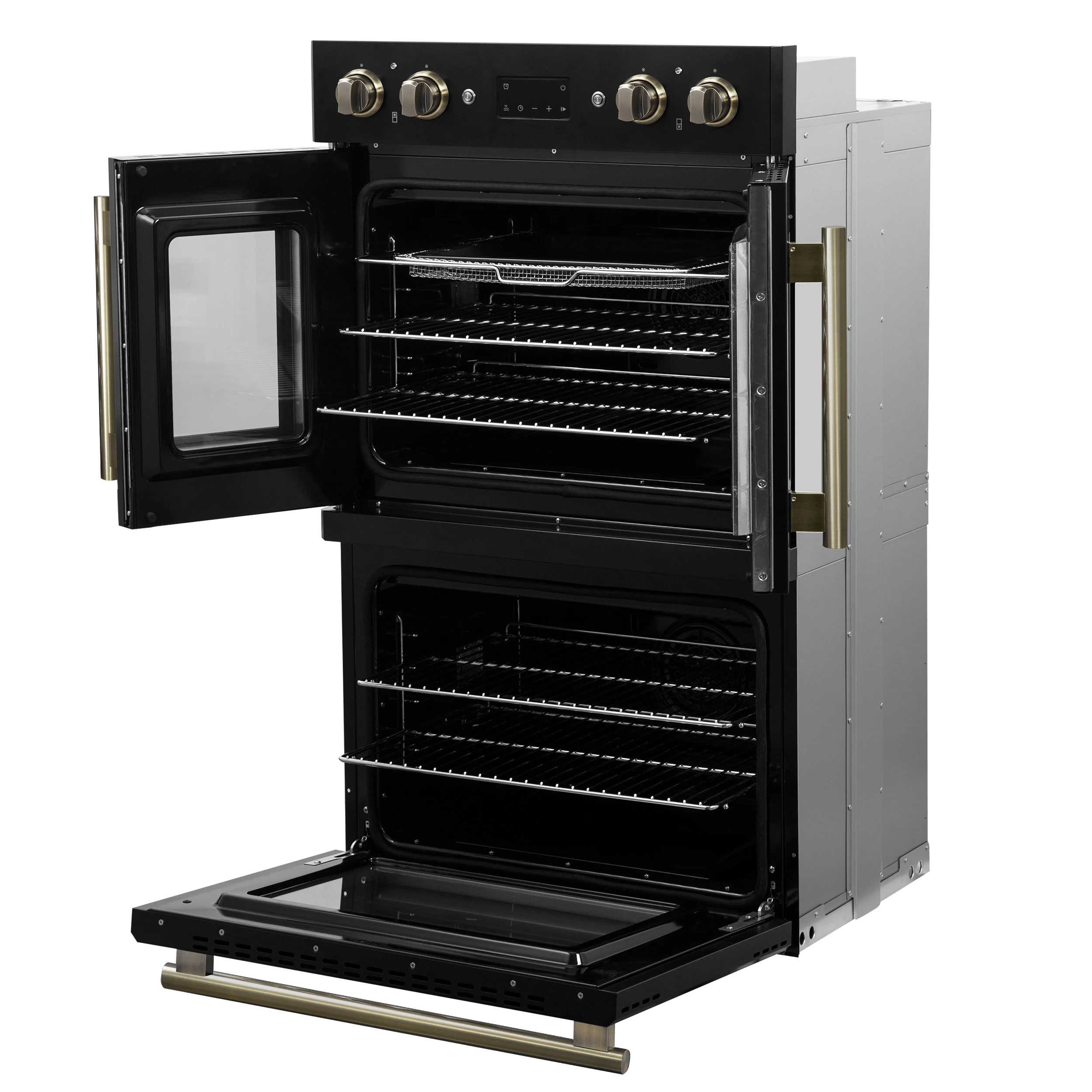 Asti 30-Inch Double Electric Wall Oven with Upper French Doors in & Antique Brass, 7.36 cu. ft. Dual True Convection, 7,200W, Air Fry, Sous Vide, Self-Clean FBOEL134030BLK