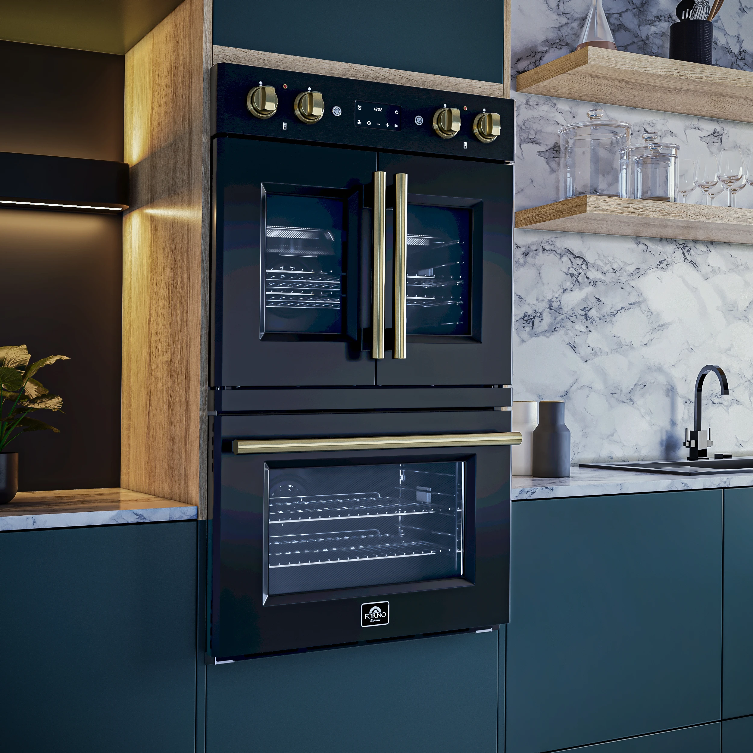 Asti 30-Inch Double Electric Wall Oven with Upper French Doors in & Antique Brass, 7.36 cu. ft. Dual True Convection, 7,200W, Air Fry, Sous Vide, Self-Clean FBOEL134030BLK