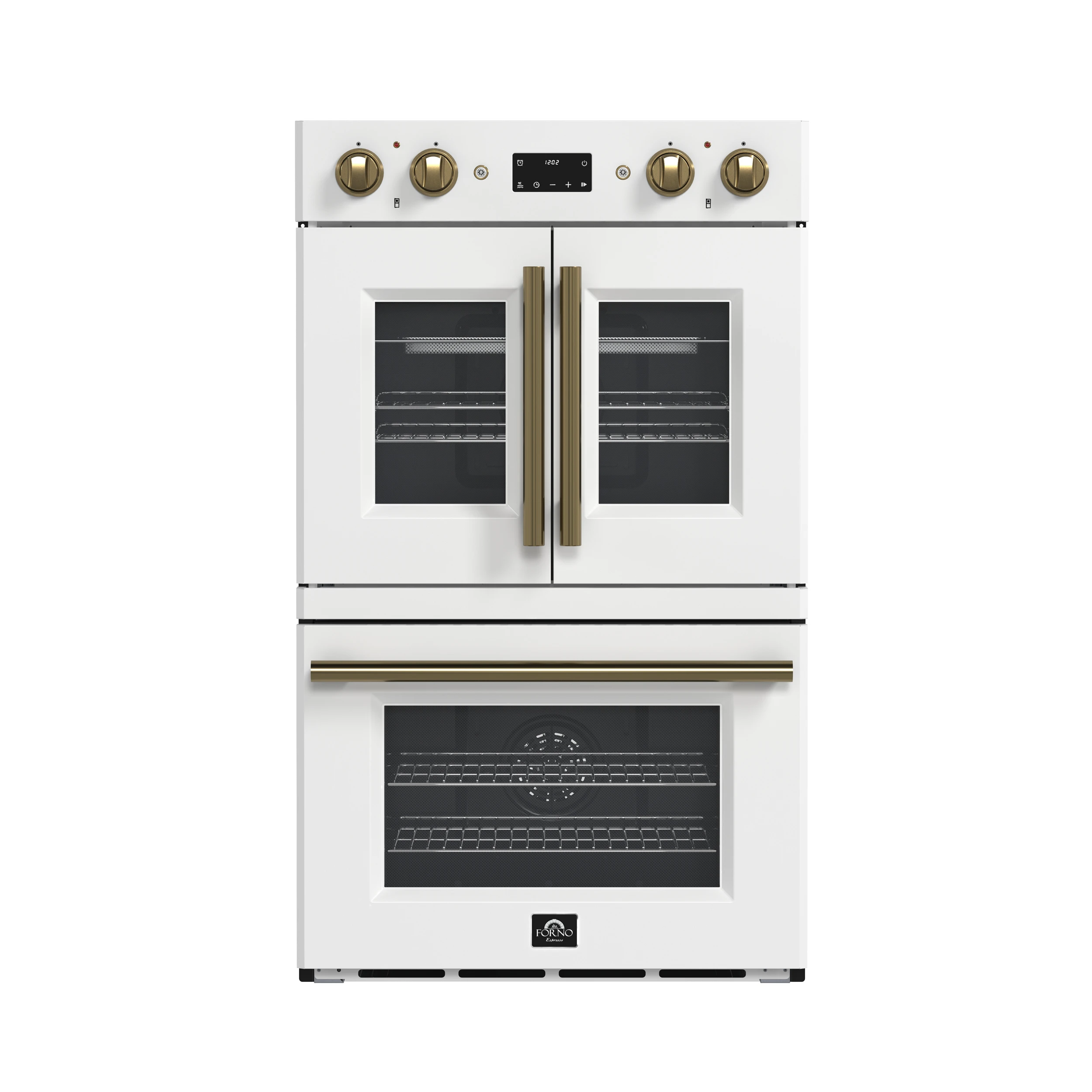 Asti 30-Inch Double Electric Wall Oven with Upper French Doors in & Antique Brass, 7.36 cu. ft. Dual True Convection, 7,200W, Air Fry, Sous Vide, Self-Clean FBOEL134030WHT
