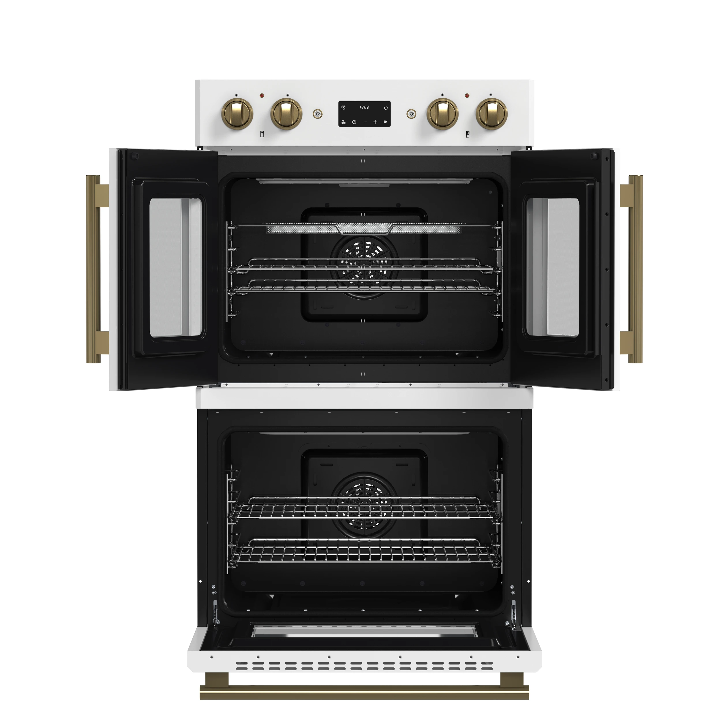 Asti 30-Inch Double Electric Wall Oven with Upper French Doors in & Antique Brass, 7.36 cu. ft. Dual True Convection, 7,200W, Air Fry, Sous Vide, Self-Clean FBOEL134030WHT