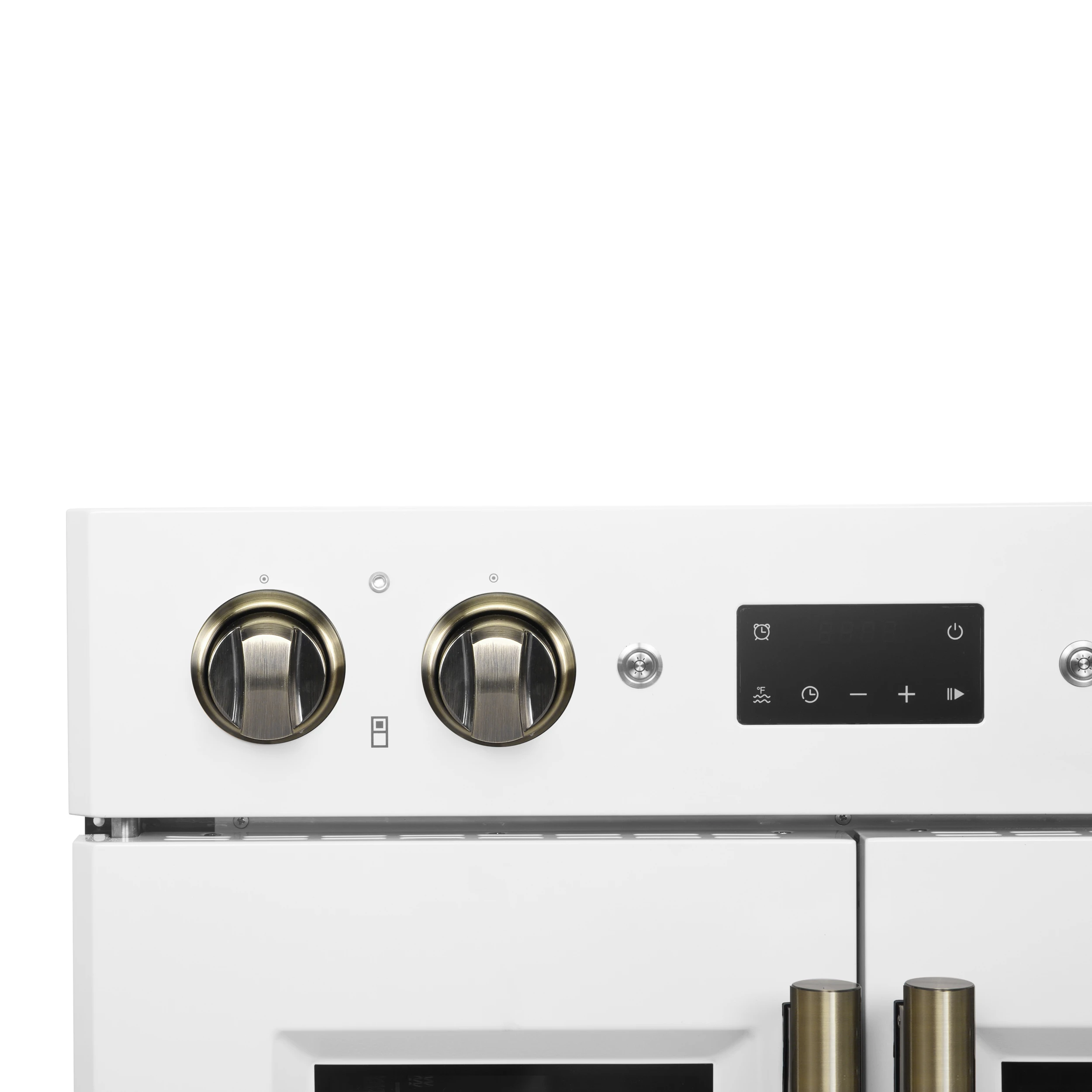Asti 30-Inch Double Electric Wall Oven with Upper French Doors in & Antique Brass, 7.36 cu. ft. Dual True Convection, 7,200W, Air Fry, Sous Vide, Self-Clean FBOEL134030WHT