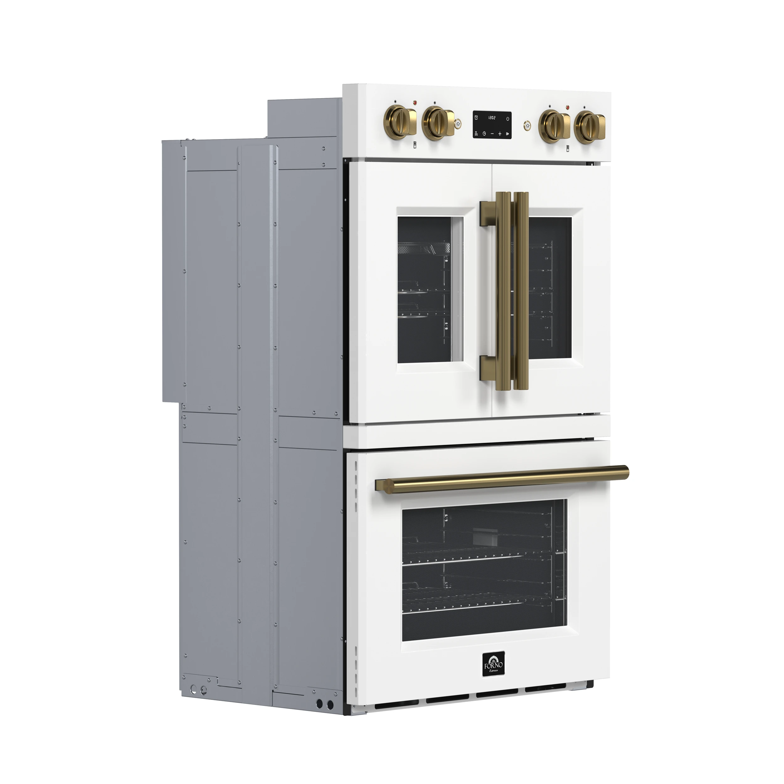 Asti 30-Inch Double Electric Wall Oven with Upper French Doors in & Antique Brass, 7.36 cu. ft. Dual True Convection, 7,200W, Air Fry, Sous Vide, Self-Clean FBOEL134030WHT