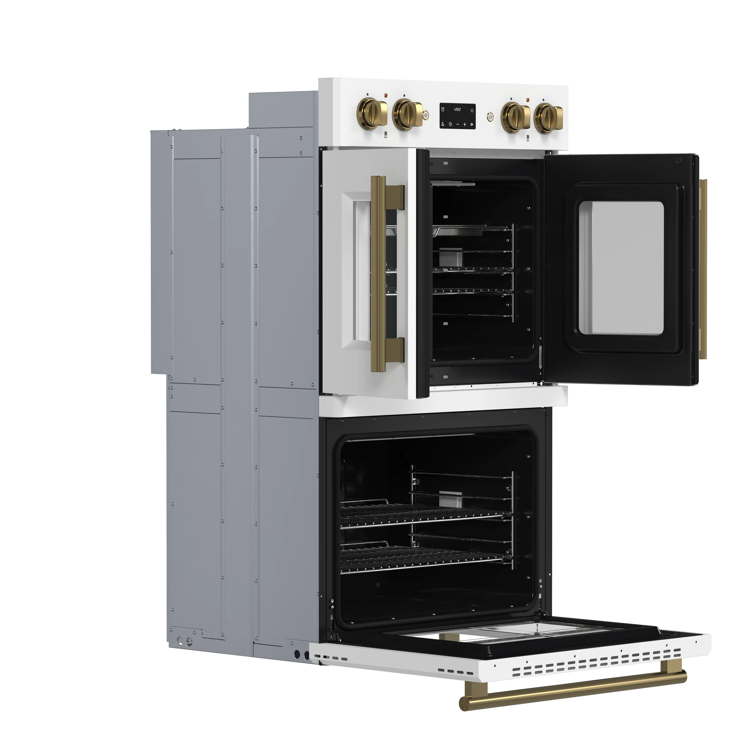 Asti 30-Inch Double Electric Wall Oven with Upper French Doors in & Antique Brass, 7.36 cu. ft. Dual True Convection, 7,200W, Air Fry, Sous Vide, Self-Clean FBOEL134030WHT
