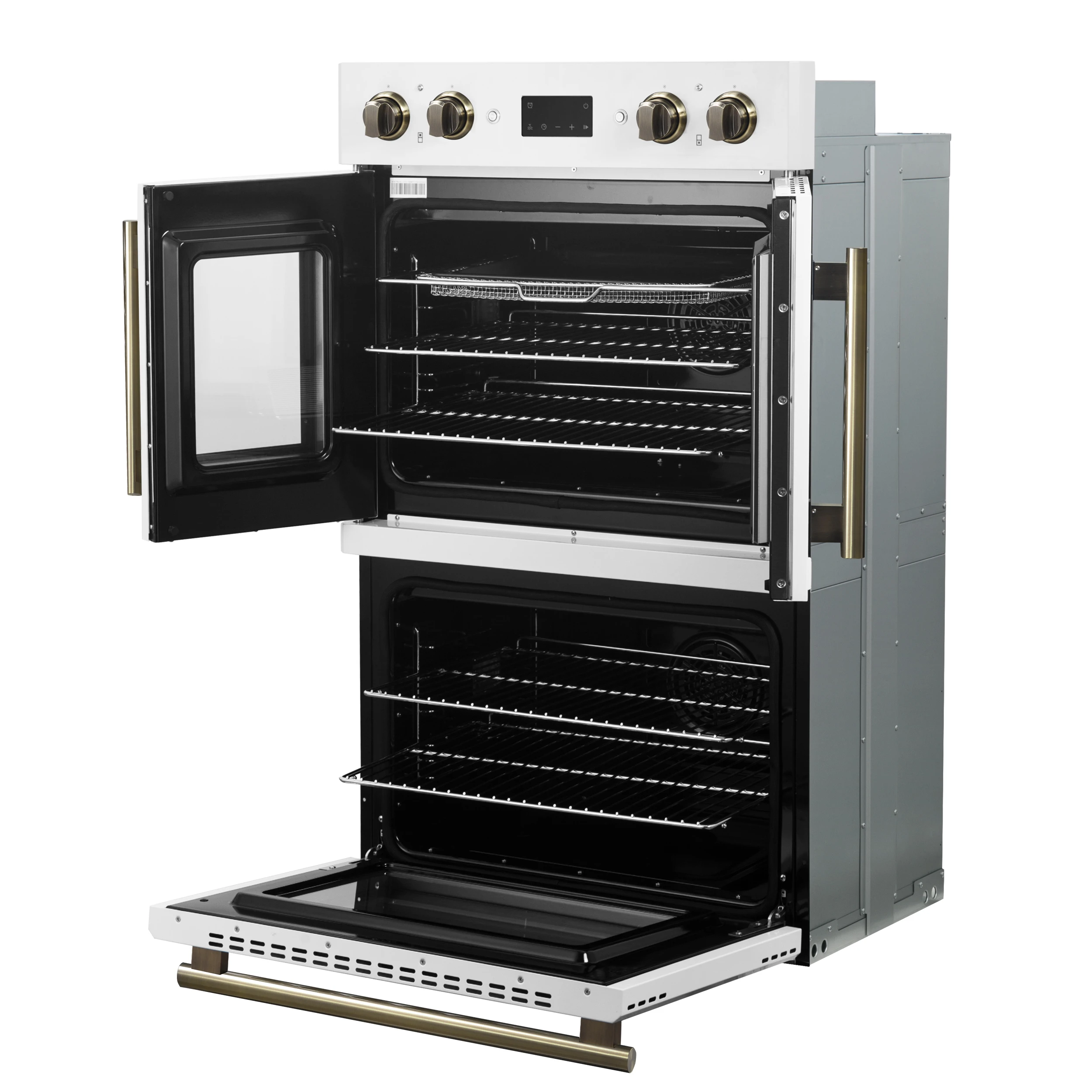 Asti 30-Inch Double Electric Wall Oven with Upper French Doors in & Antique Brass, 7.36 cu. ft. Dual True Convection, 7,200W, Air Fry, Sous Vide, Self-Clean FBOEL134030WHT