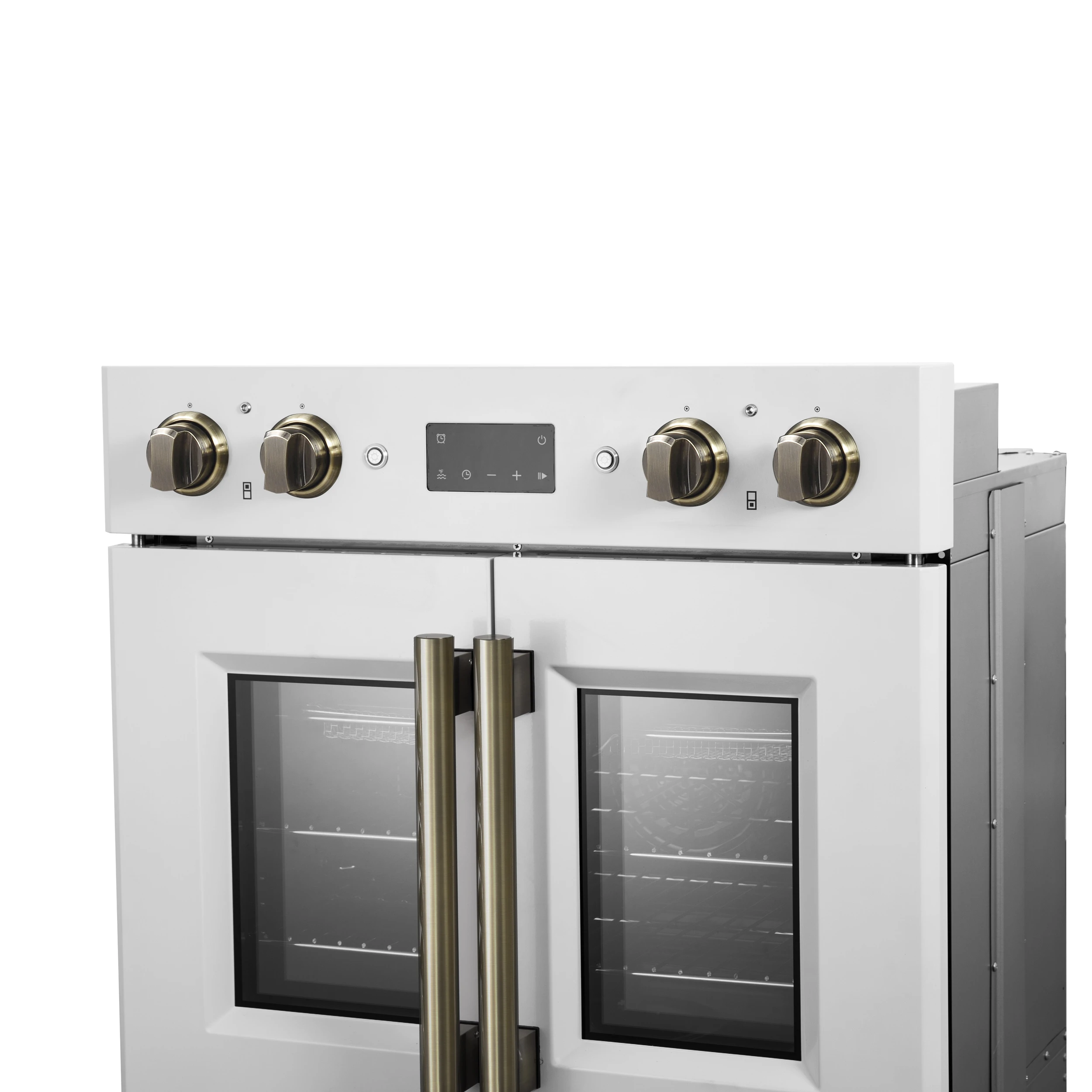 Asti 30-Inch Double Electric Wall Oven with Upper French Doors in & Antique Brass, 7.36 cu. ft. Dual True Convection, 7,200W, Air Fry, Sous Vide, Self-Clean FBOEL134030WHT