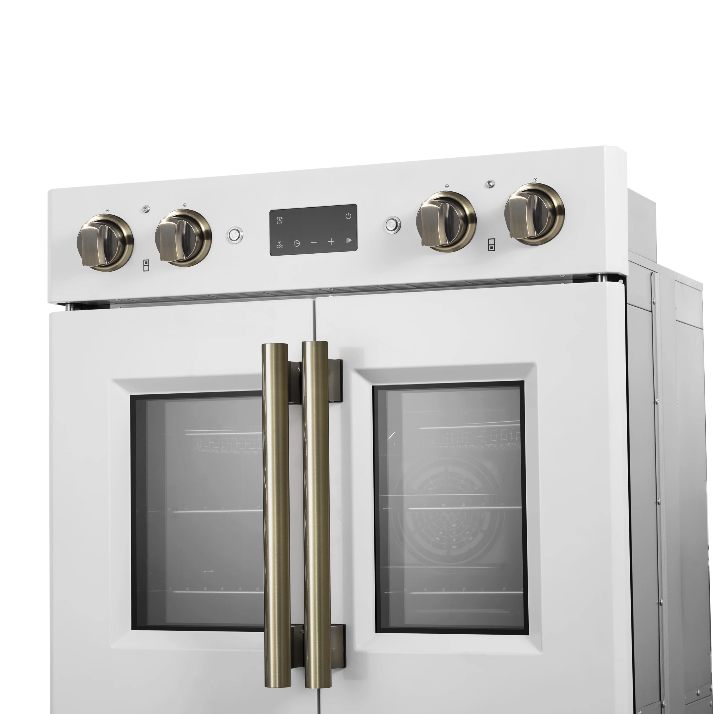 Asti 30-Inch Double Electric Wall Oven with Upper French Doors in & Antique Brass, 7.36 cu. ft. Dual True Convection, 7,200W, Air Fry, Sous Vide, Self-Clean FBOEL134030WHT