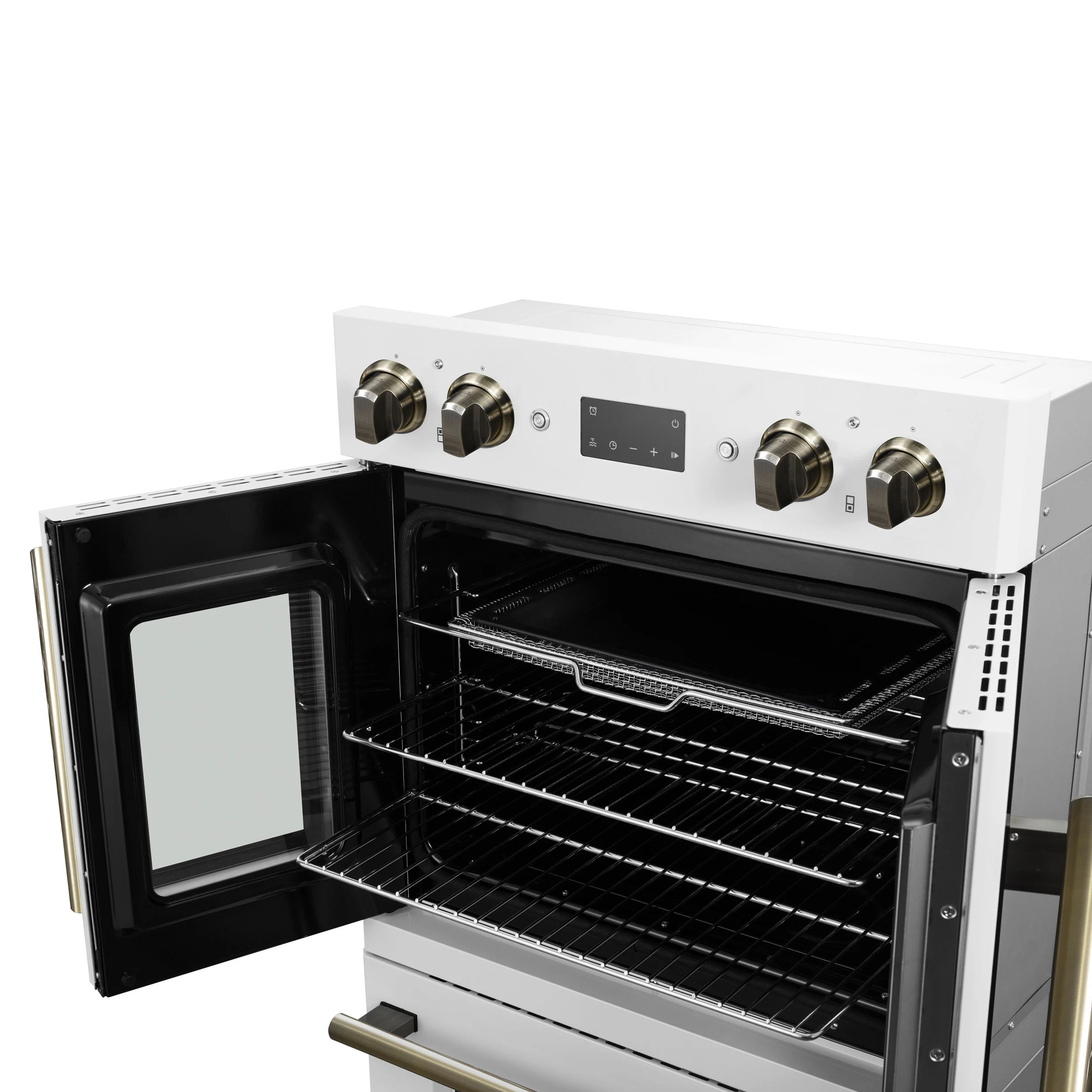 Asti 30-Inch Double Electric Wall Oven with Upper French Doors in & Antique Brass, 7.36 cu. ft. Dual True Convection, 7,200W, Air Fry, Sous Vide, Self-Clean FBOEL134030WHT