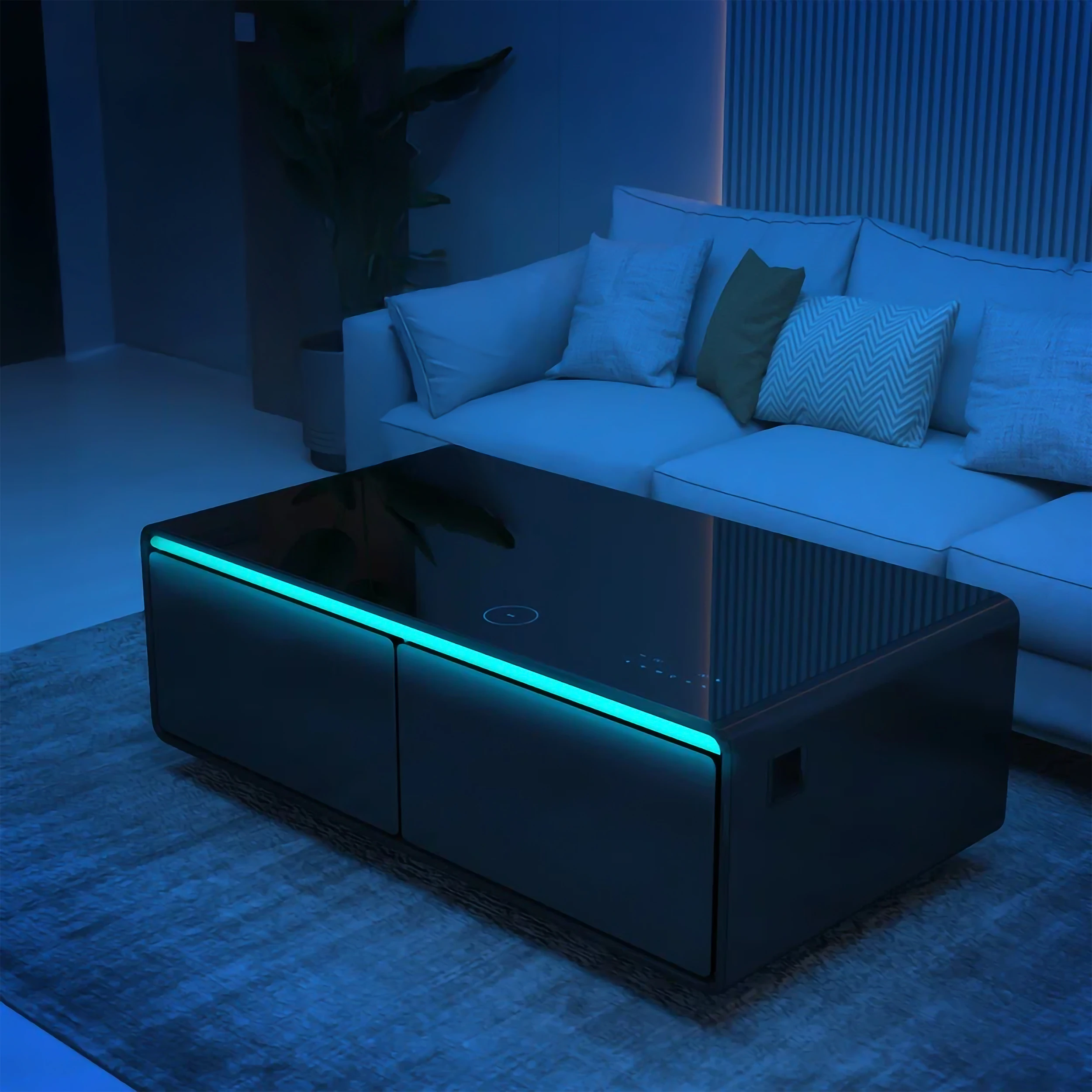 Evoluto Tavolo 51-Inch Black Smart Coffee Table – Dual Refrigerator Drawers, Bluetooth 5.0 Audio, Wireless Charging & RGB Ambient Light FCTFR700651BLK