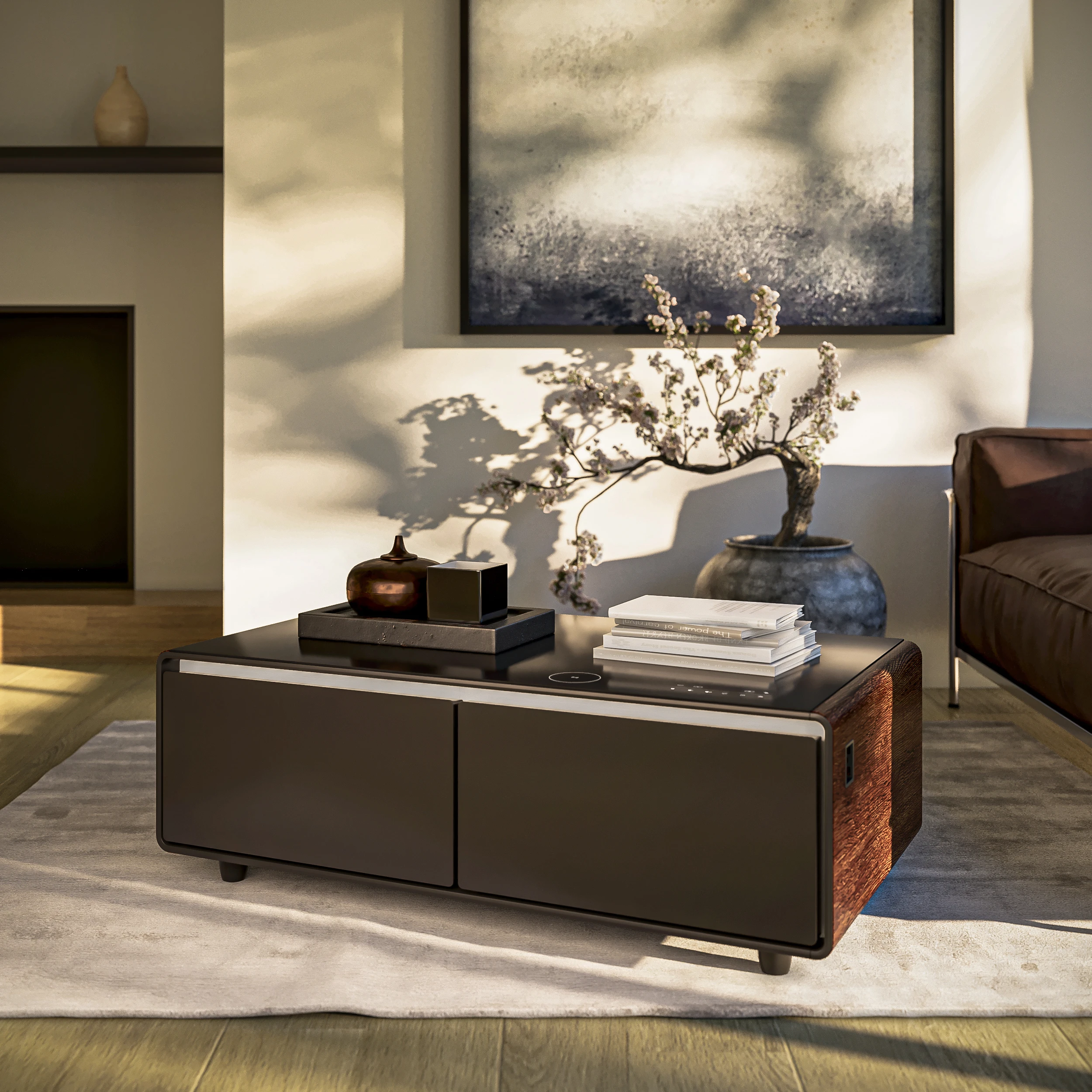 Evoluto Tavolo 51-Inch Smart Coffee Table with Wood-Accent Sides – Dual Cooling Zones, Wireless Charging Pad & Built-In Bluetooth Speakers FCTFR700651WD