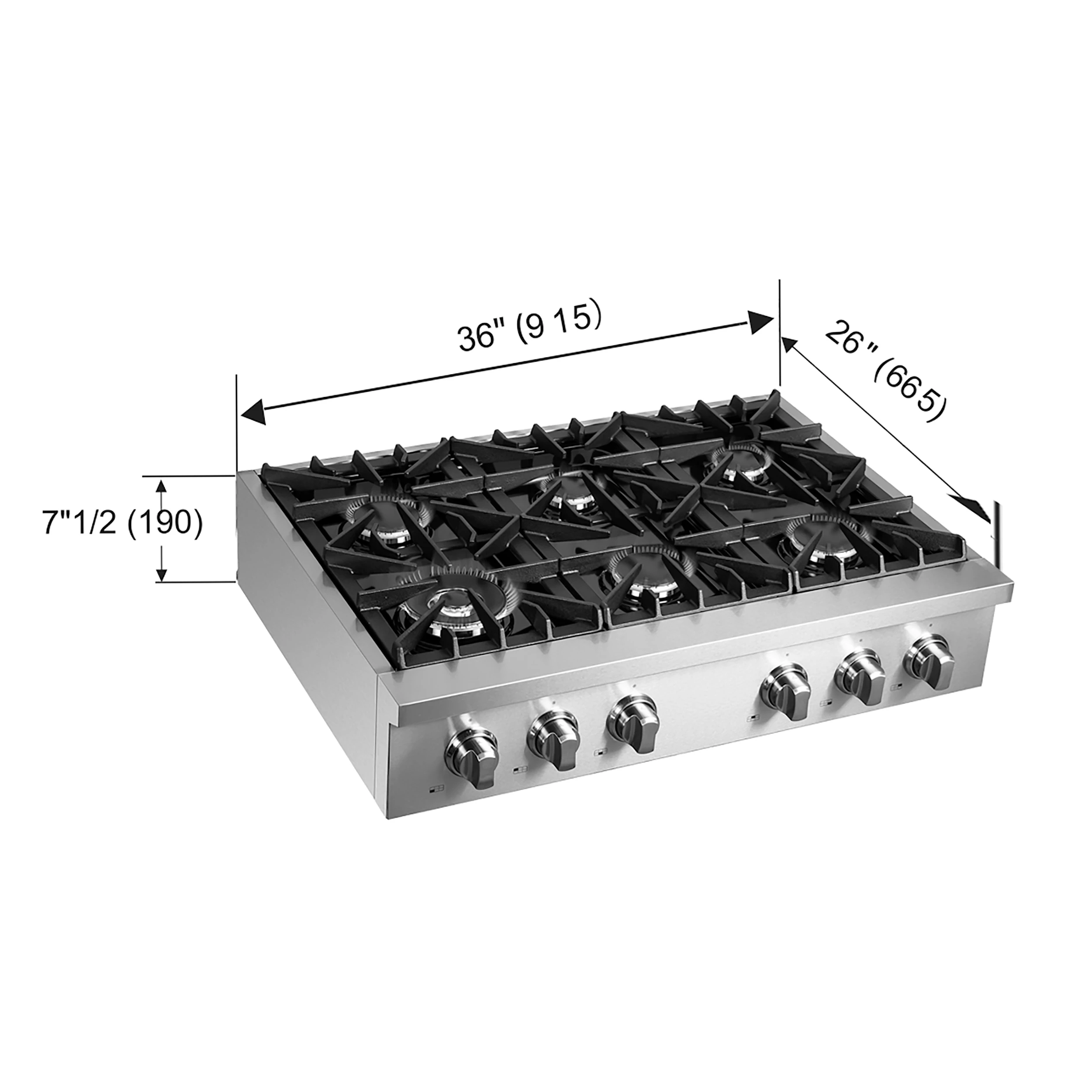 Cossato Alta Qualita 36-Inch Pro-Style Gas Rangetop, , 6 Sealed Burners, 83,000 BTU Total Output, Continuous Cast Iron Grates FCTGS573736
