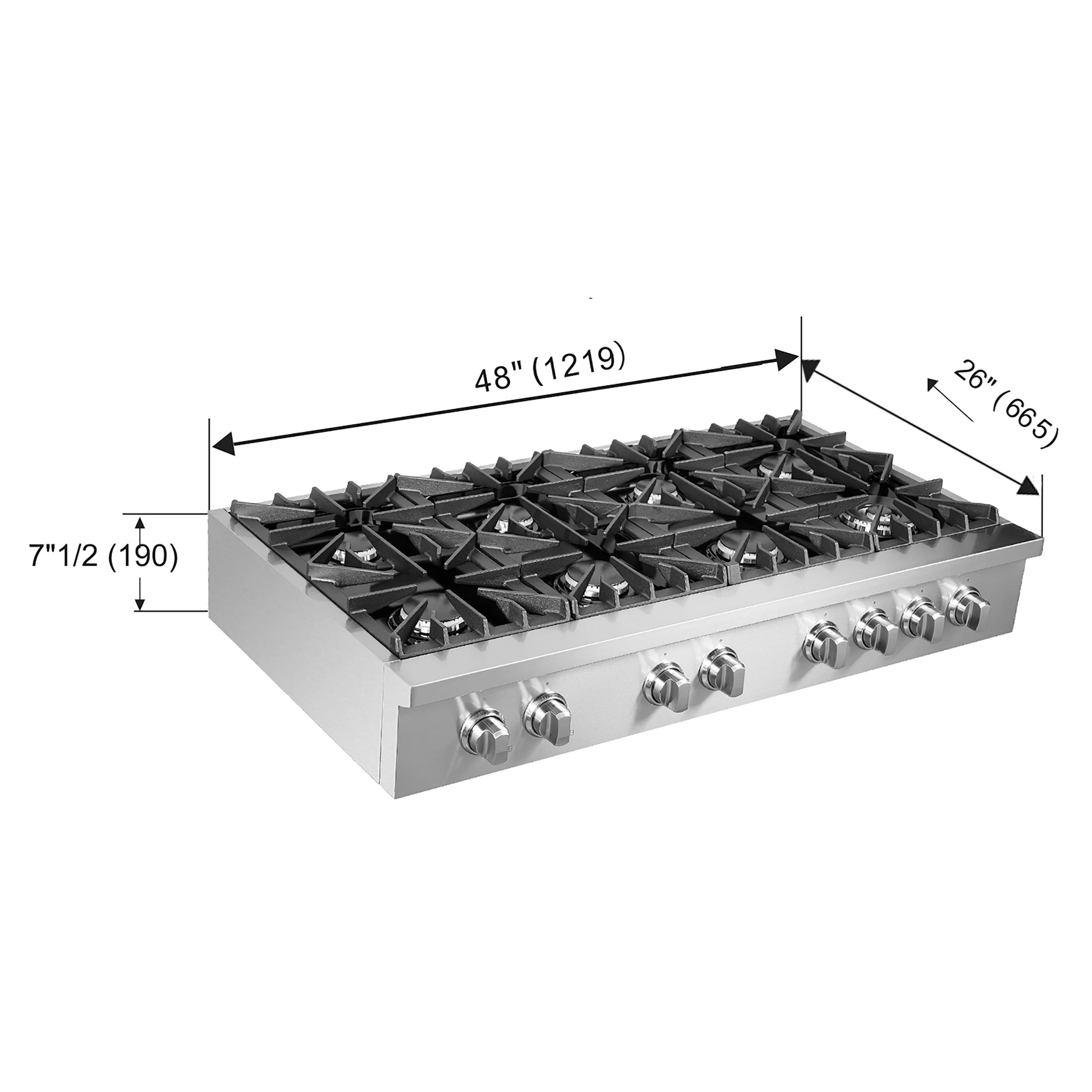 Cossato Alta Qualita 48-Inch Pro-Style Gas Rangetop, , 8 Sealed Burners, 107,000 BTU Total Output, Continuous Cast Iron Grates FCTGS573748