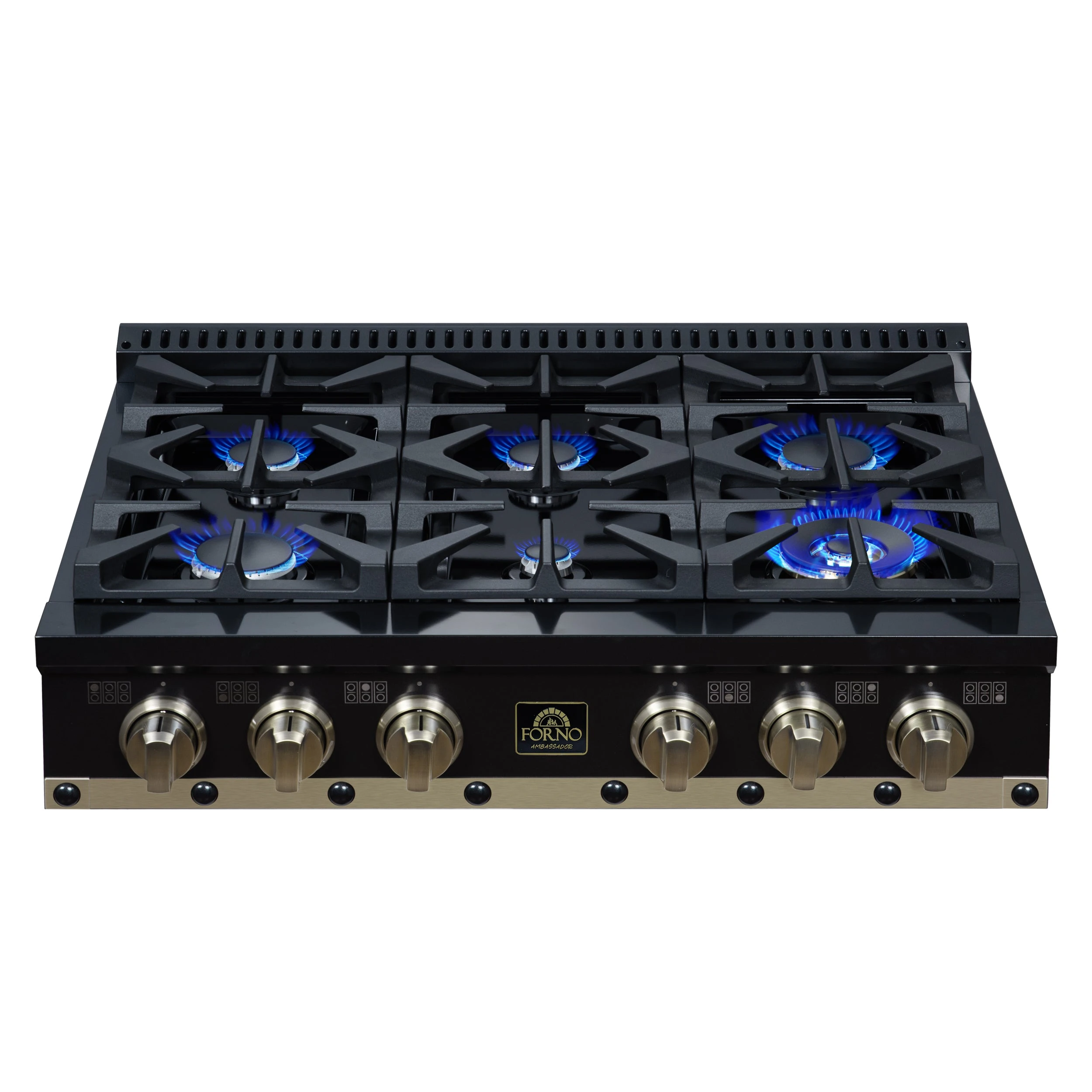 Valente 36" Gas Cooktop in , 6 Sealed burners, 71,000 BUT Output, 1 Antique Brass Dual-Ring Burner, Continuous Cast Iron Grates FCTGS579936CPBLK