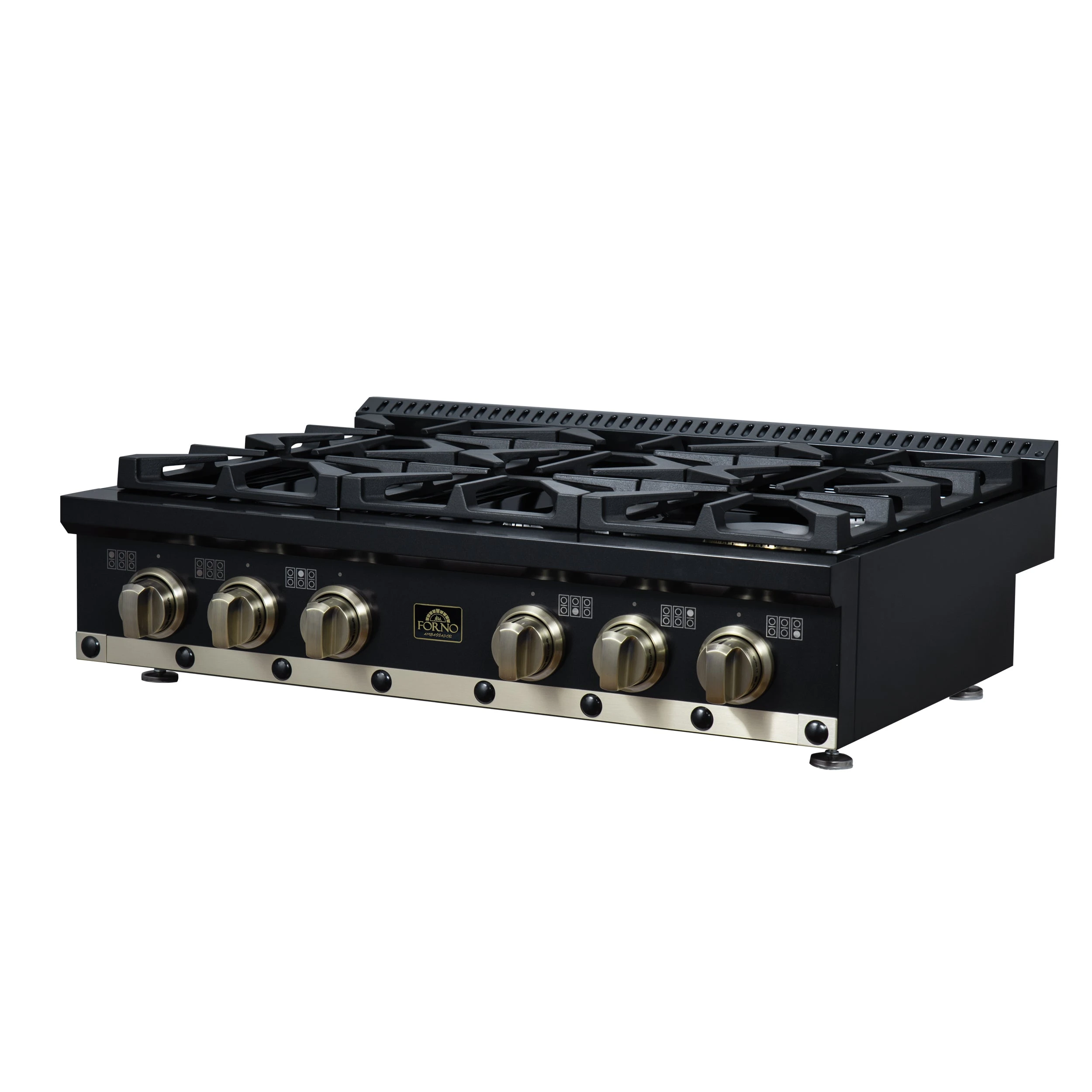 Valente 36" Gas Cooktop in , 6 Sealed burners, 71,000 BUT Output, 1 Antique Brass Dual-Ring Burner, Continuous Cast Iron Grates FCTGS579936CPBLK