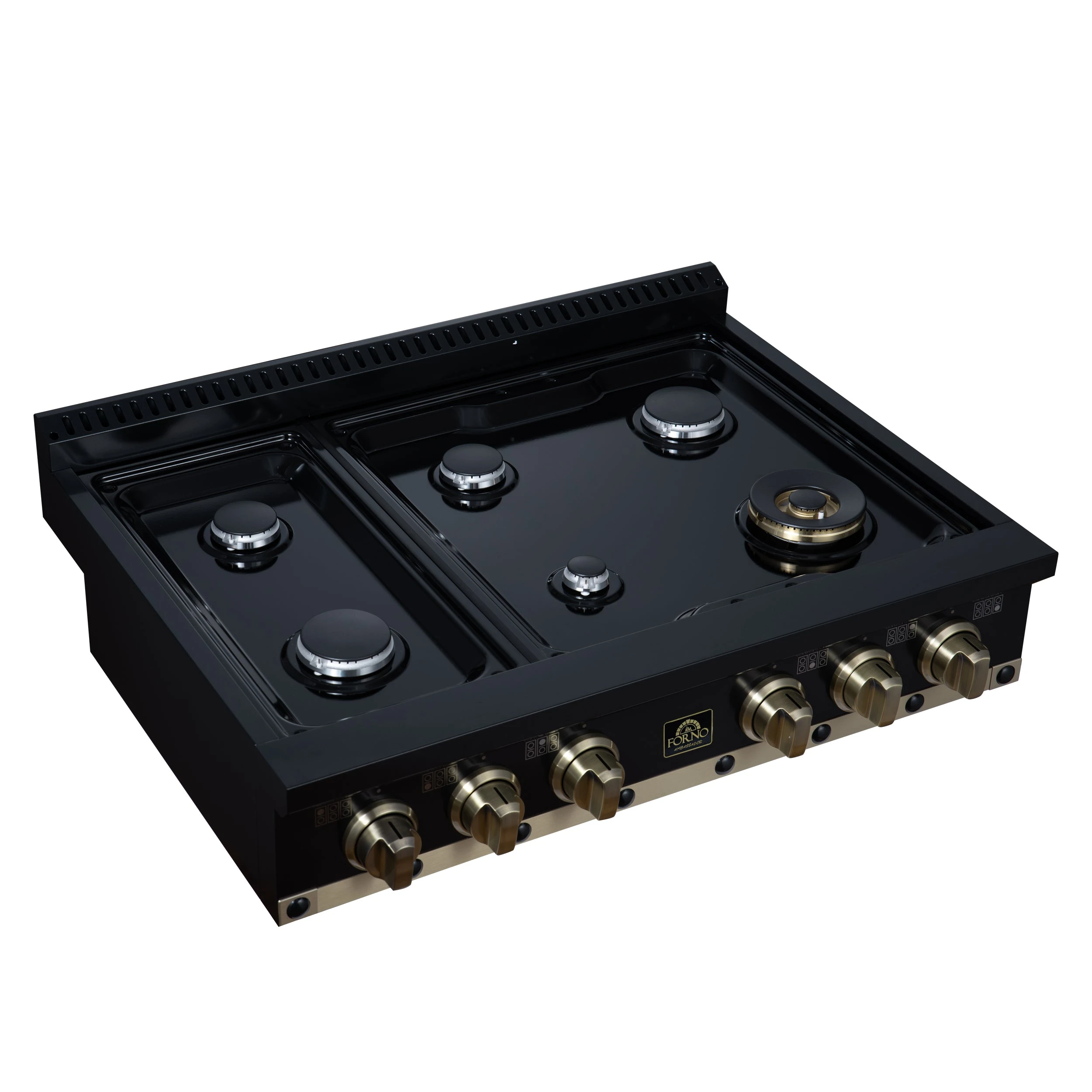 Valente 36" Gas Cooktop in , 6 Sealed burners, 71,000 BUT Output, 1 Antique Brass Dual-Ring Burner, Continuous Cast Iron Grates FCTGS579936CPBLK